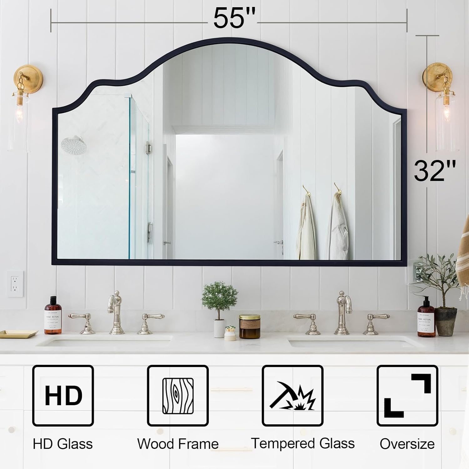Chende Large Black Mirror, 55''x32'' Arched Mirror with Scalloped Wooden Frame, Elegant Decorative Mirror for Entryway, Living Room, Dining Room, Fireplace