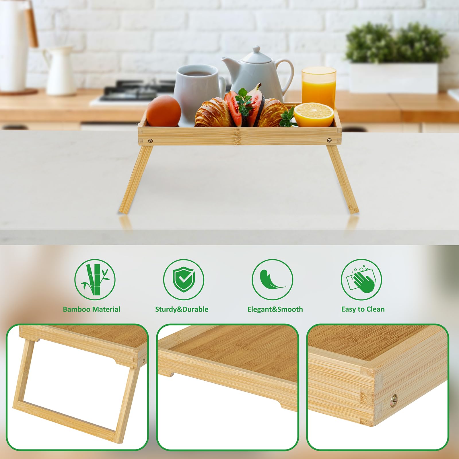 Vassoio da letto con gambe pieghevoli, in bambù, per colazione a letto, per mangiare, servire o da usare come vassoio per computer portatile (Beige)
