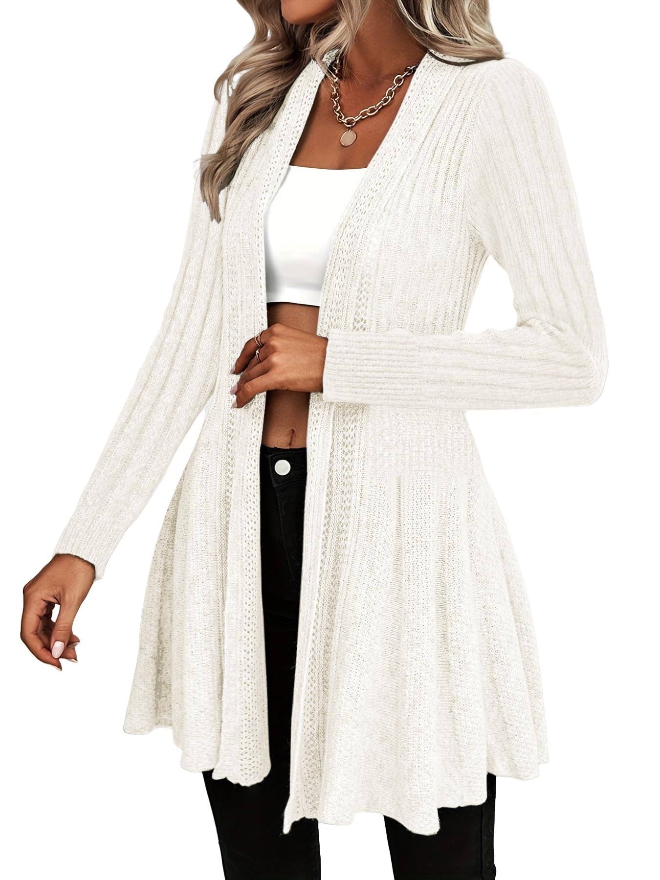 Gilets Longs pour Femmes Gilets Longs en Crochet Effet Cascade Gilets Mi-Longs en Grosse Maille Vestes en Maille À Volants Manteaux Longs pour Le Quotidien
