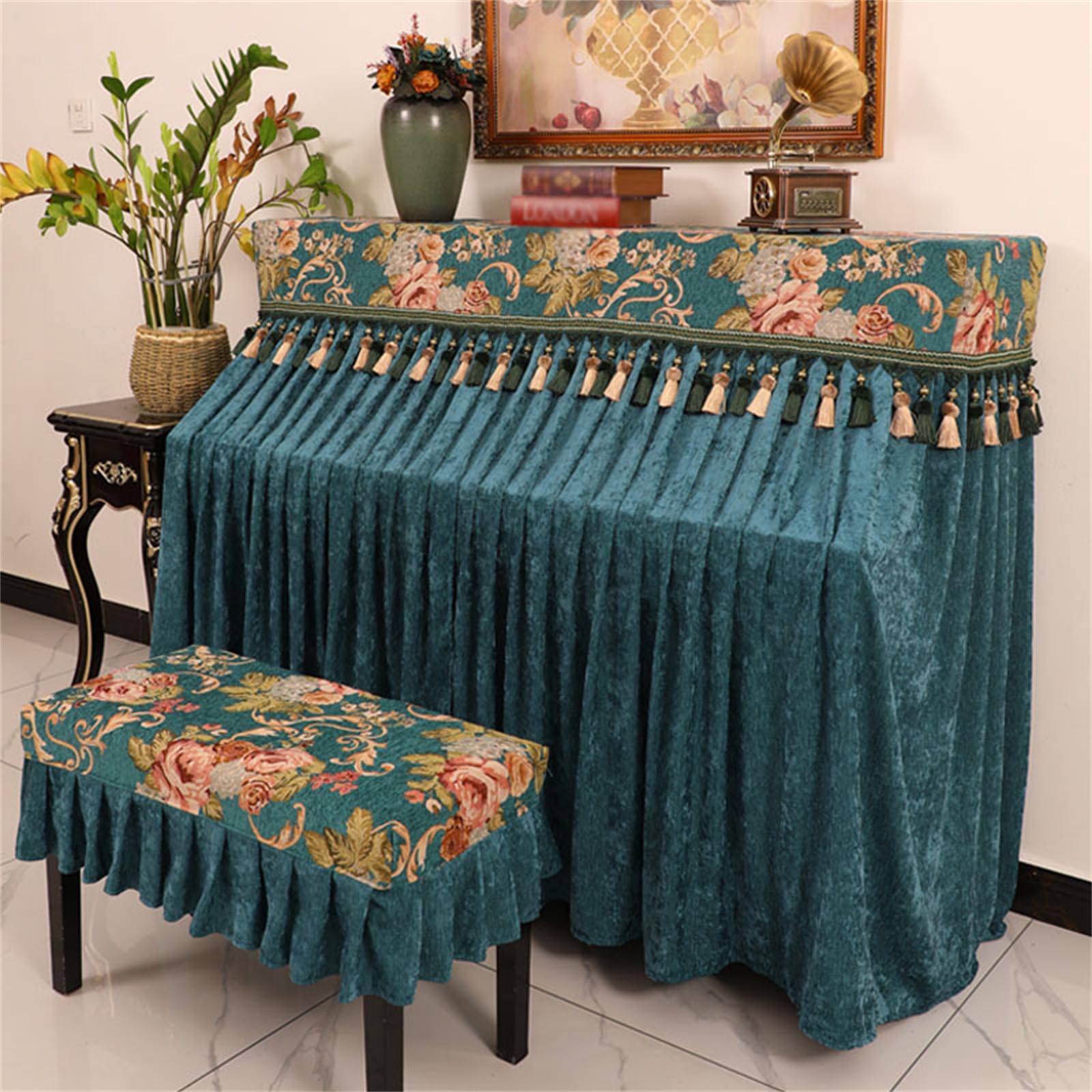 Set di 2 Pezzi Copertura Antipolvere per Pianoforte, Panno per Sgabello, Copertura Protettiva Universale per Pianoforte Verticale, Lussuoso Asciugamano Decorativo in ciniglia Ricamata con na