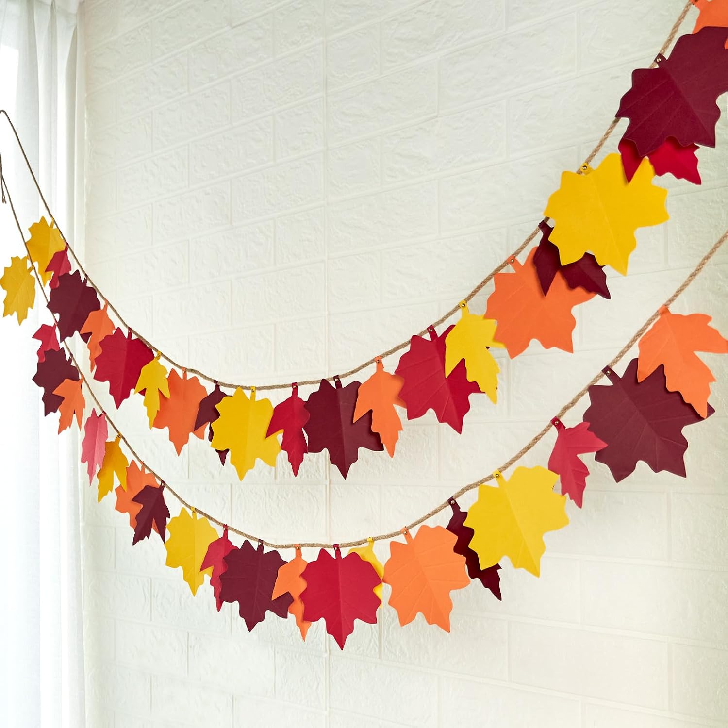 EASY JOY 2PCS Fall Paper Maple Leaves Garland, Fall Decorations for Home, Autumn Hanging Garland Decor Indoor Mantel Banner for Harvest Rustic Farmhouse Thanksgiving Decorations