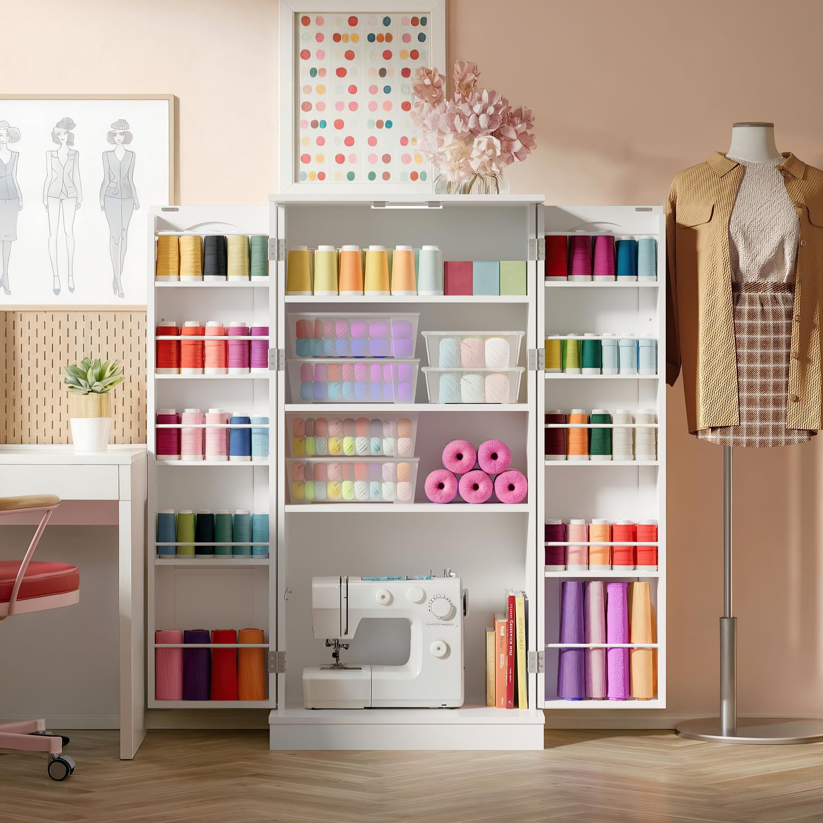 50" Craft Storage Cabinet with LED Lights​​ – Adjustable Shelves Sewing Organizer, Multi-Purpose Sewing Cabinet for Craft Room/Home Office Storage