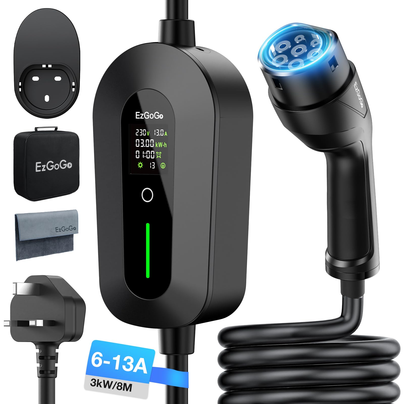 EzGoGo EV Charger Cable Type 2 to 3 Pin Plug 32.81Ft/10M Electric Car Charger 3kW, [6/8/10/13A] Type 2 Charging Cable 3 Pin EV Charger IP65 Advanced Protection Suitable for EVs & PHEVs — view 11