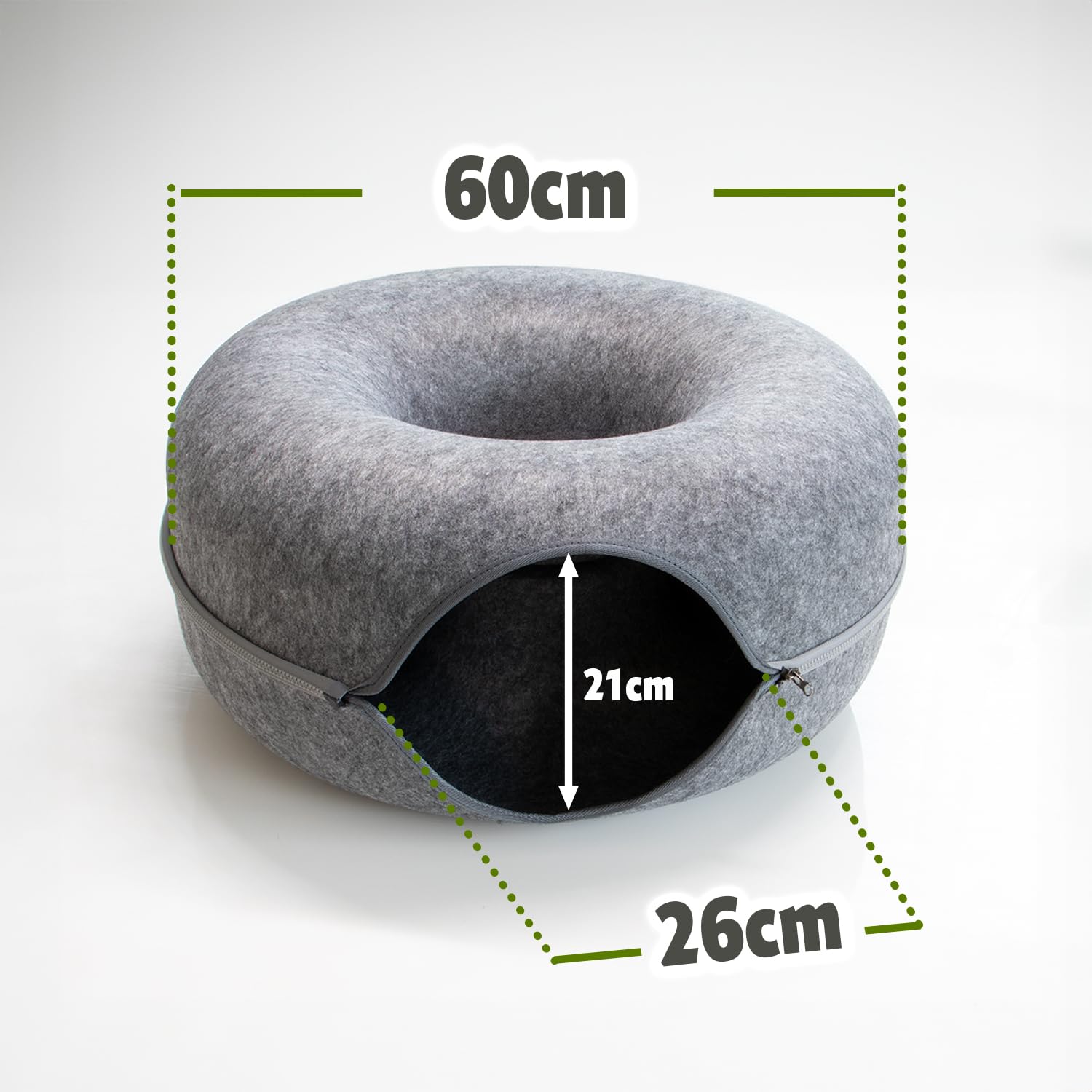 Katzentunnel Katzen Donut Katzenhöhle Katzenbett Spielhöhle für Ihr Liebling, rund, Maße 60x60x28 cm, aus robustem Filz gefertigt, Grau. Multifunktionales Design: zum Spielen,Schlafen oder Kratzen