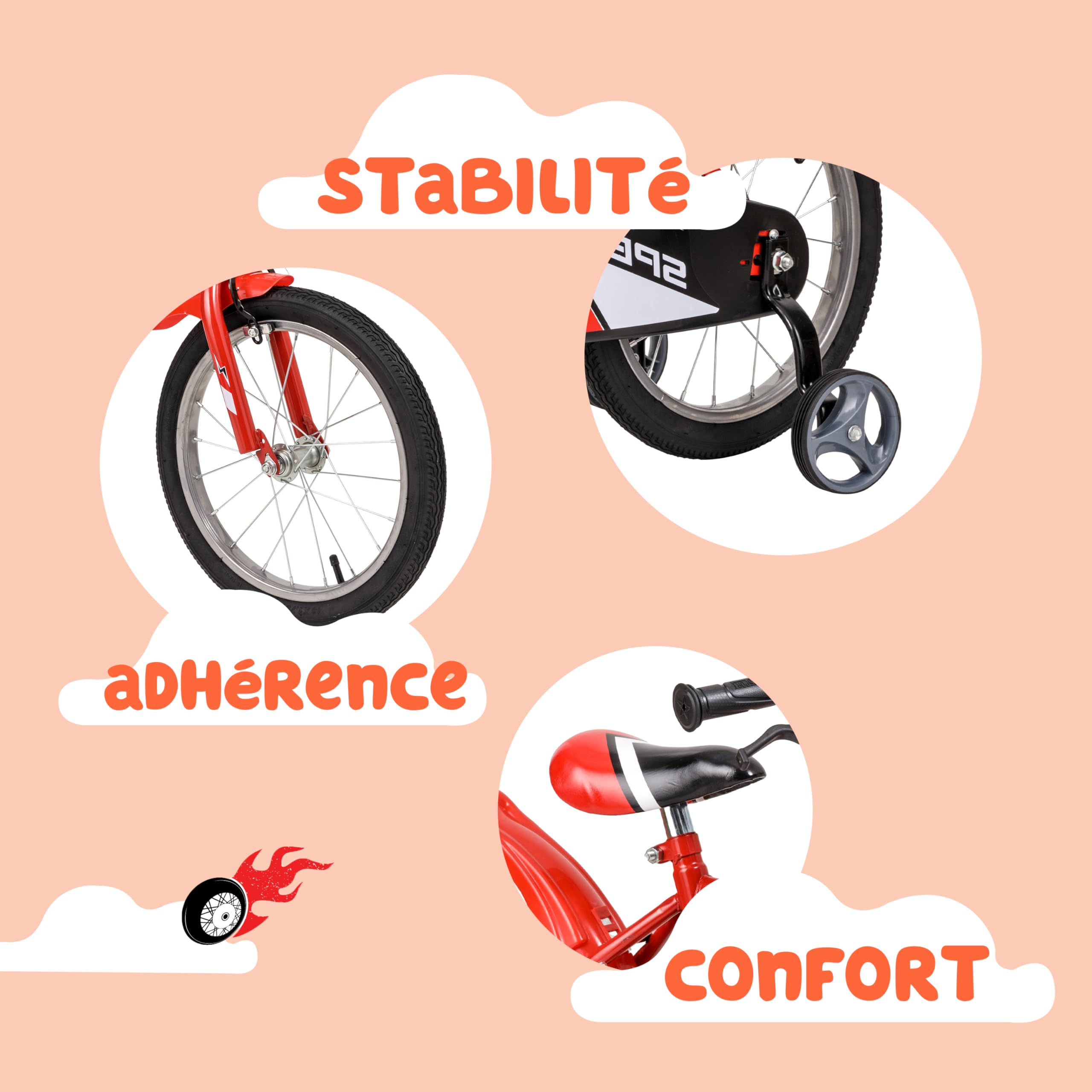 Baroni Toys Vélo rouge pour enfant avec roues incluses, vélo de sport pour enfants en acier, vélo pour enfants de 4 à 7 ans, taille 12", 14" et 16"