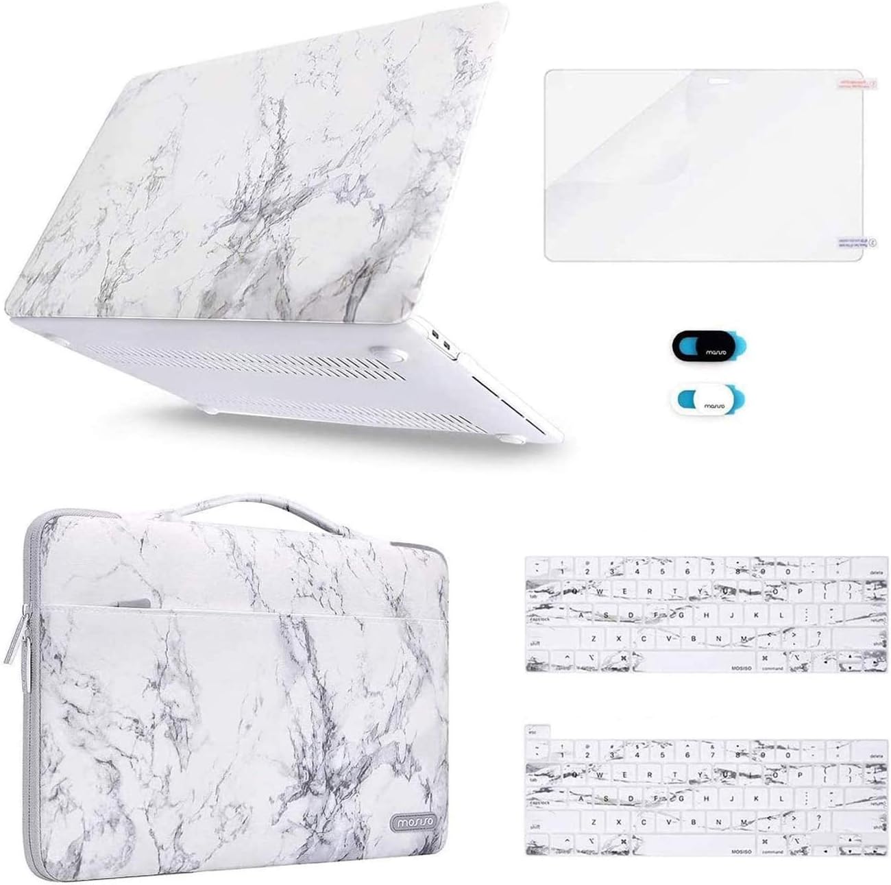 MOSISO Compatible with MacBook Pro 13 inch Case M2 2023, 2022, 2021-2016 A2338 M1 A2251 A2289 A2159 A1989 A1708 A1706, Plastic Hard Shell&Bag&Keyboard Skin&Webcam Cover&Screen Protector, White Marble