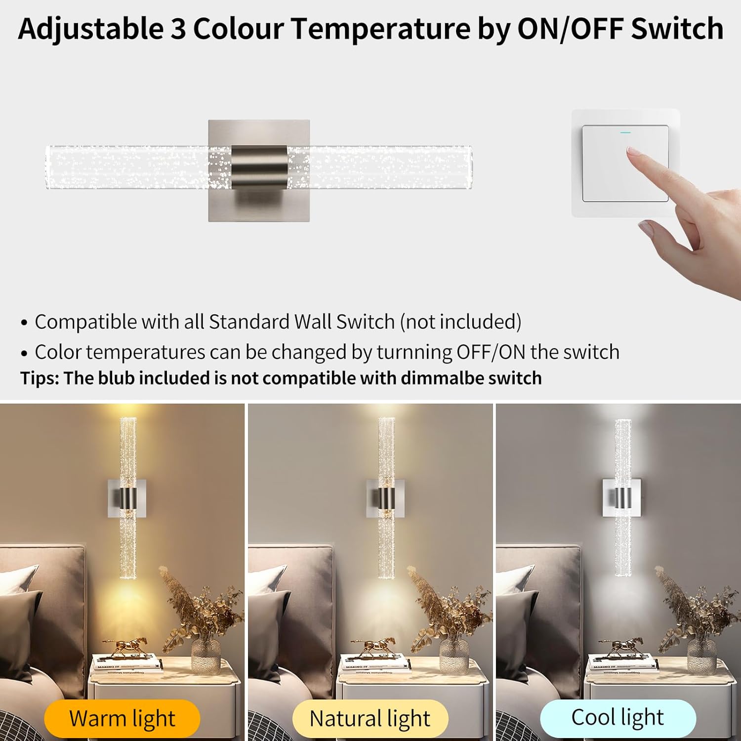 Modern Wall Sconces Set of Two in Brushed Nickel Finish 18 Inch 3000K-6000K Led Bathroom Sconce Lights Indoor Hardwired Wall Lamp for Bedroom Living Room Hallway, 12W