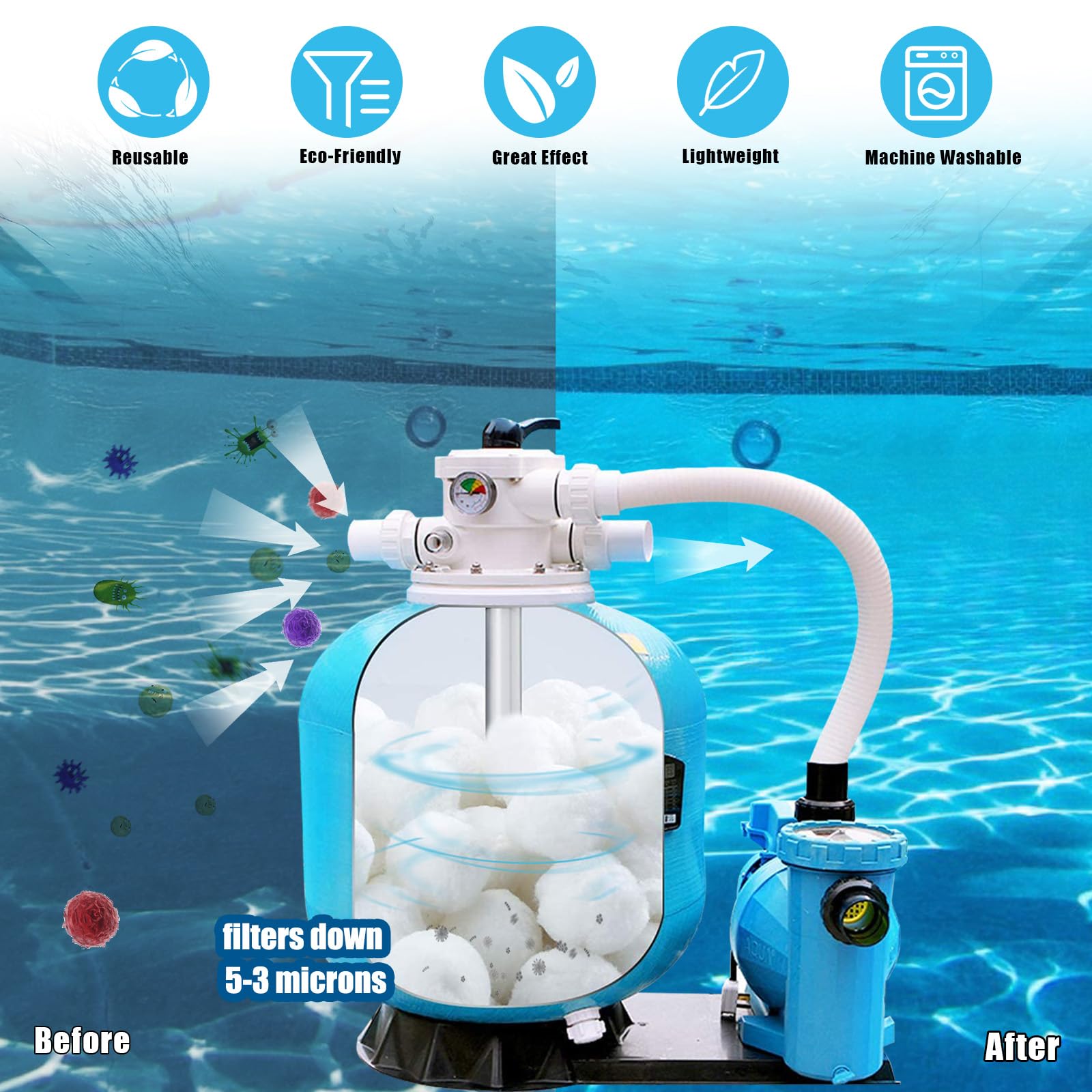VAZILLIO 1500g Boules de Filtre de Piscine Équivalent à 55 kg de Filtre
