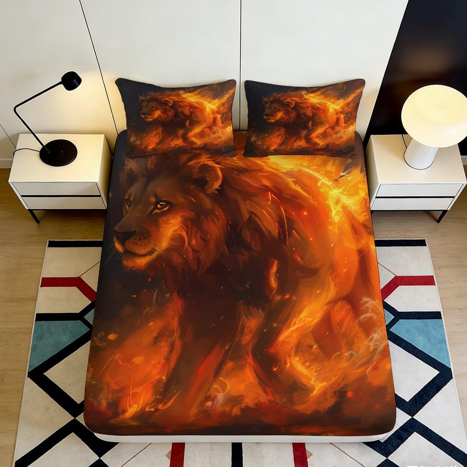 3D Printed Fiery Lion Fitted Sheet Microfiber Soft Breathable Flaming Lion Bed Cover for Bedroom Dormitory Guest Room Mattress Protection Decor 180x200x25cm