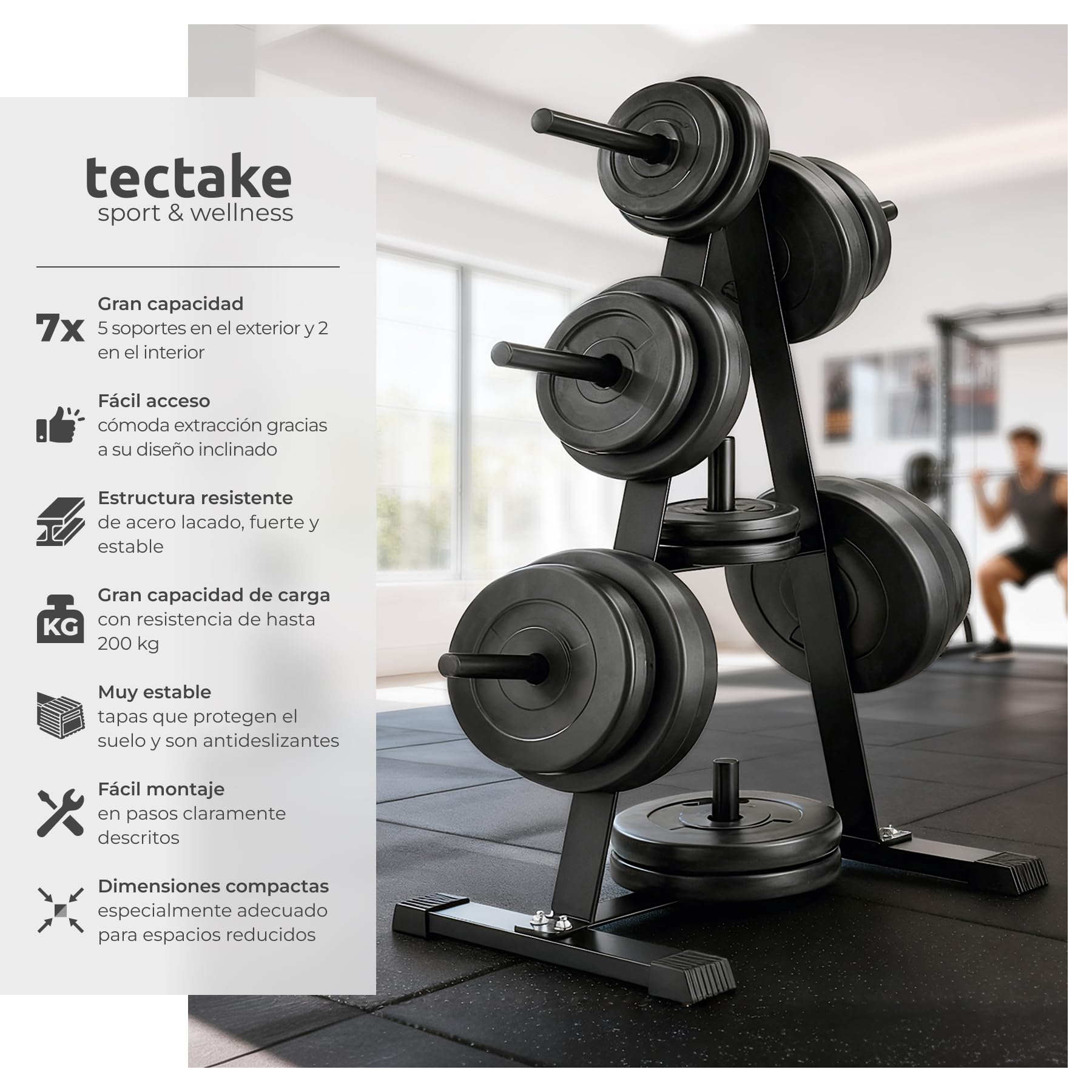 tectake® Soporte Pesas con 7 Barras para Discos de 25 mm, Capacidad de Carga 200 kg, Soporte Barra Musculacion, Organizador Gimnasio, para Complementar tu Rack Musculación, Mueble Pesas - Negro