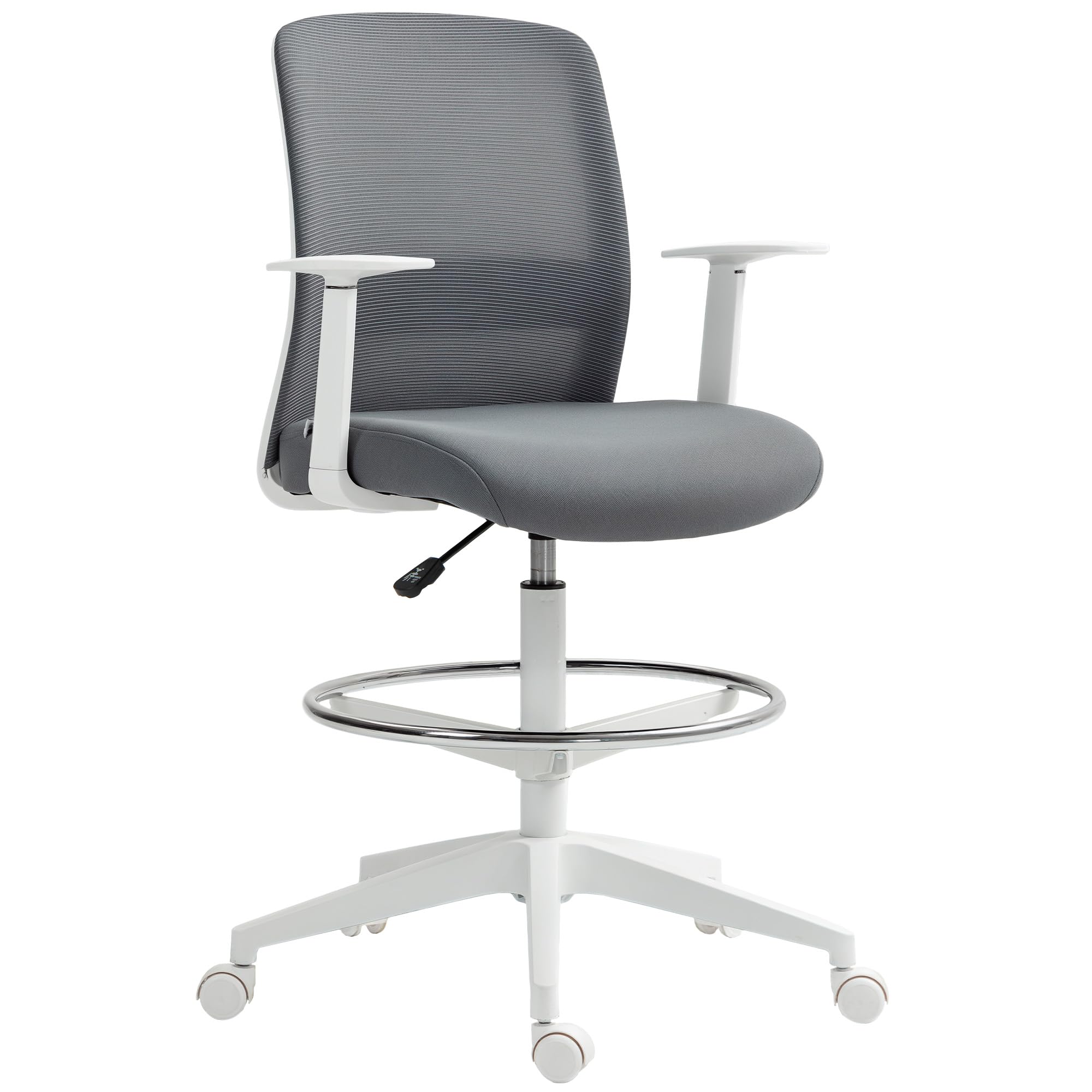 HOMCOM Bürostuhl Hoch Ergonomischer Schreibtischstuhl Armlehnen Grau | Mit Fußring, Höhenverstellbarer Zeichenstuhl, Drehstuhl mit Netzbespannung