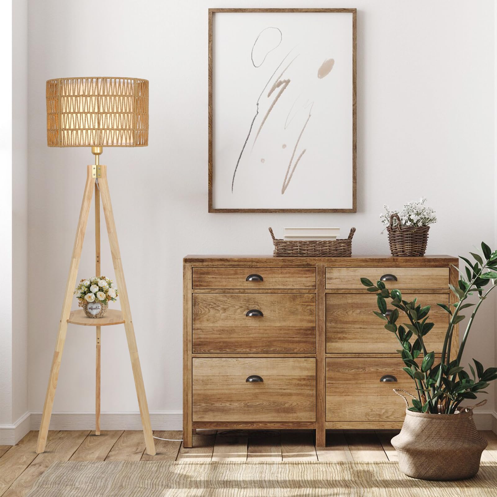 Rayofly Stehlampe Wohnzimmer, Holz Stehlampe mit Regal, Vintage Stehlampen mit Rattan & Leinen Lampenschirm, Retro Stehleuchte mit Stativ, Rattan Floor Lamp, Boho Stehleuchte für Schlafzimmer, Büro