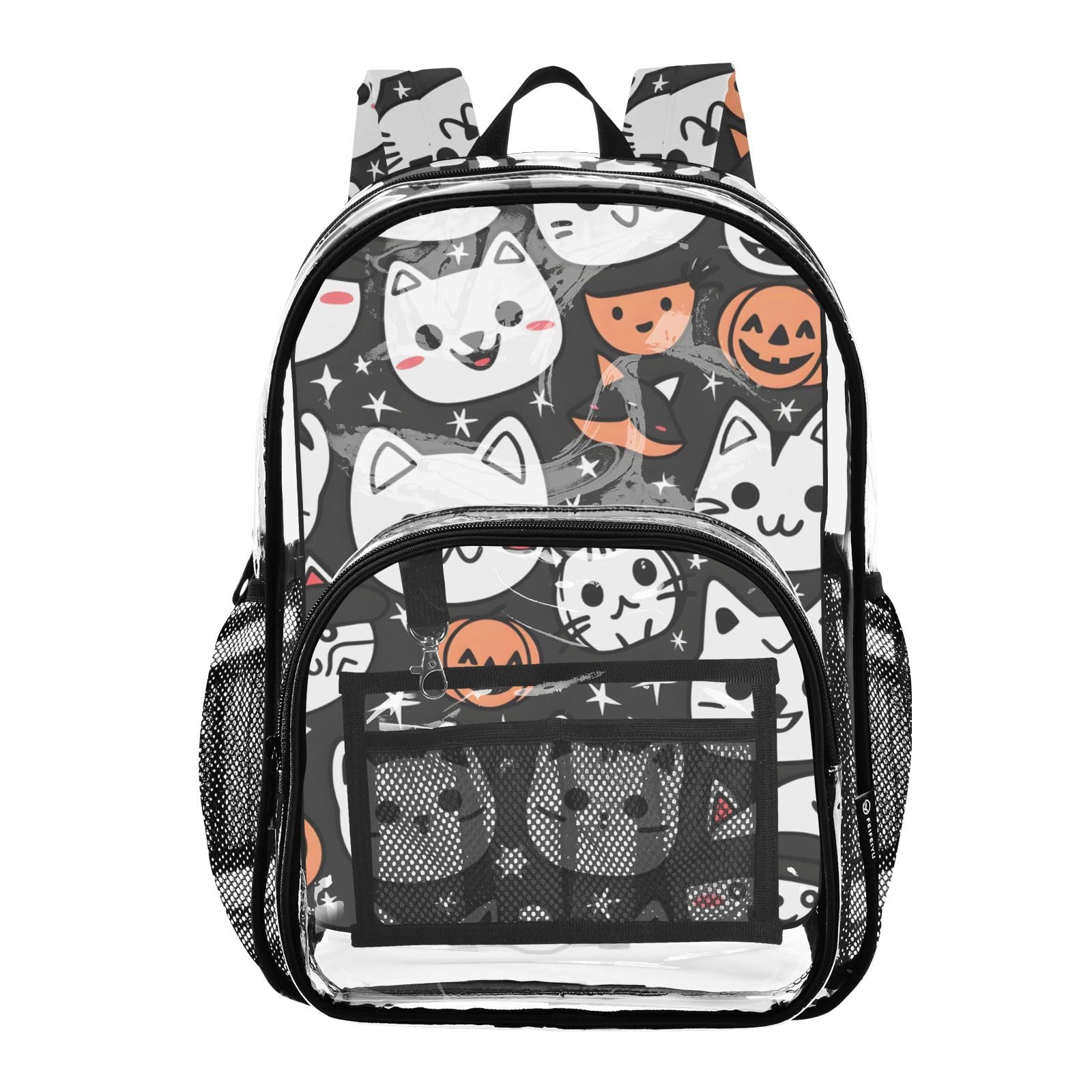 Cat with Pumpkin Clear Backpack Heavy Duty Clear Bookbag Transparent See Through PVC Backpacks for School