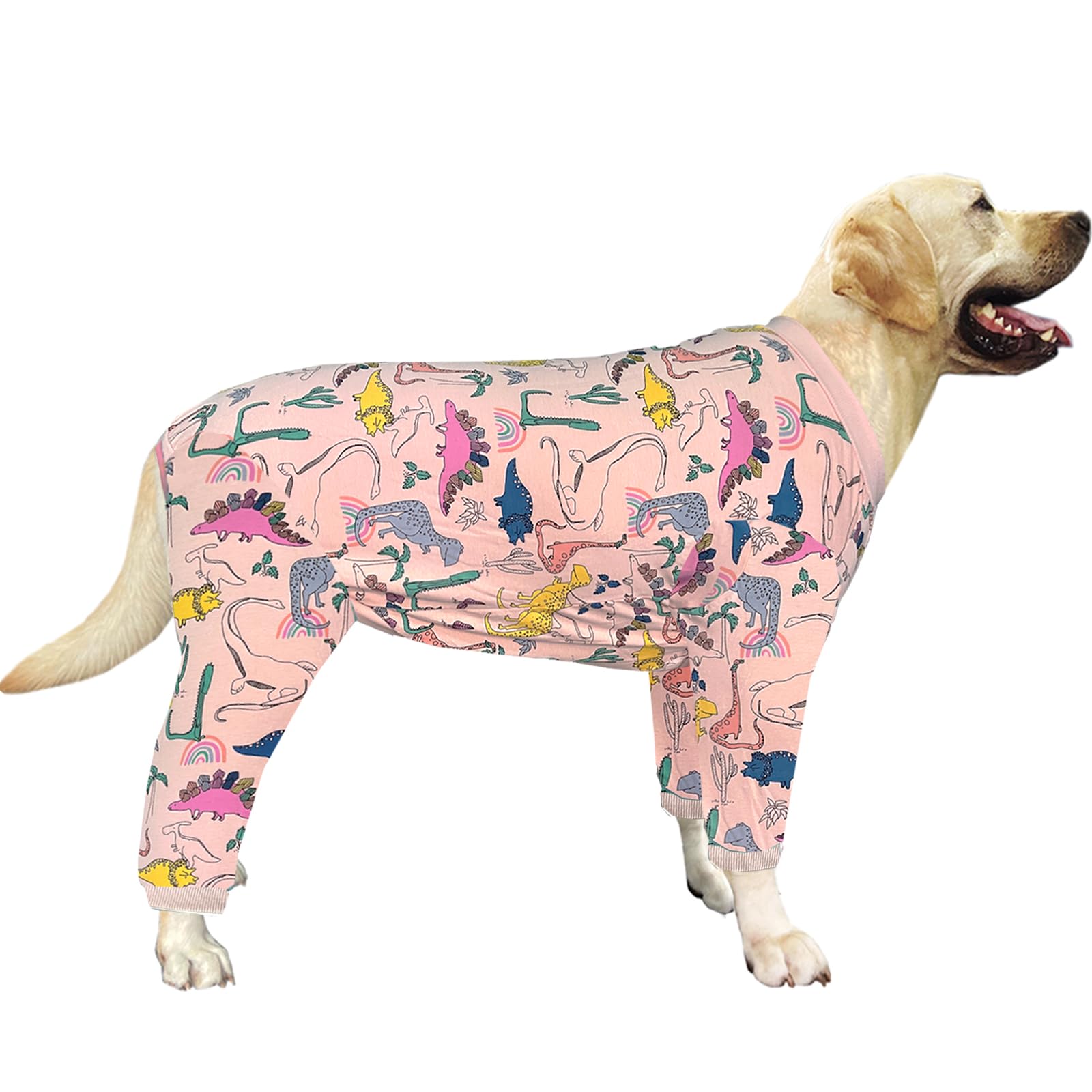 PriPre Dogs Cotton Pajamas with Colorful Dinosaur Pattern Onesie Jumpsuit for Large Dog Full Coverage Sleeper Pets Shirts pjs(XXL，Pink Dinosaur)