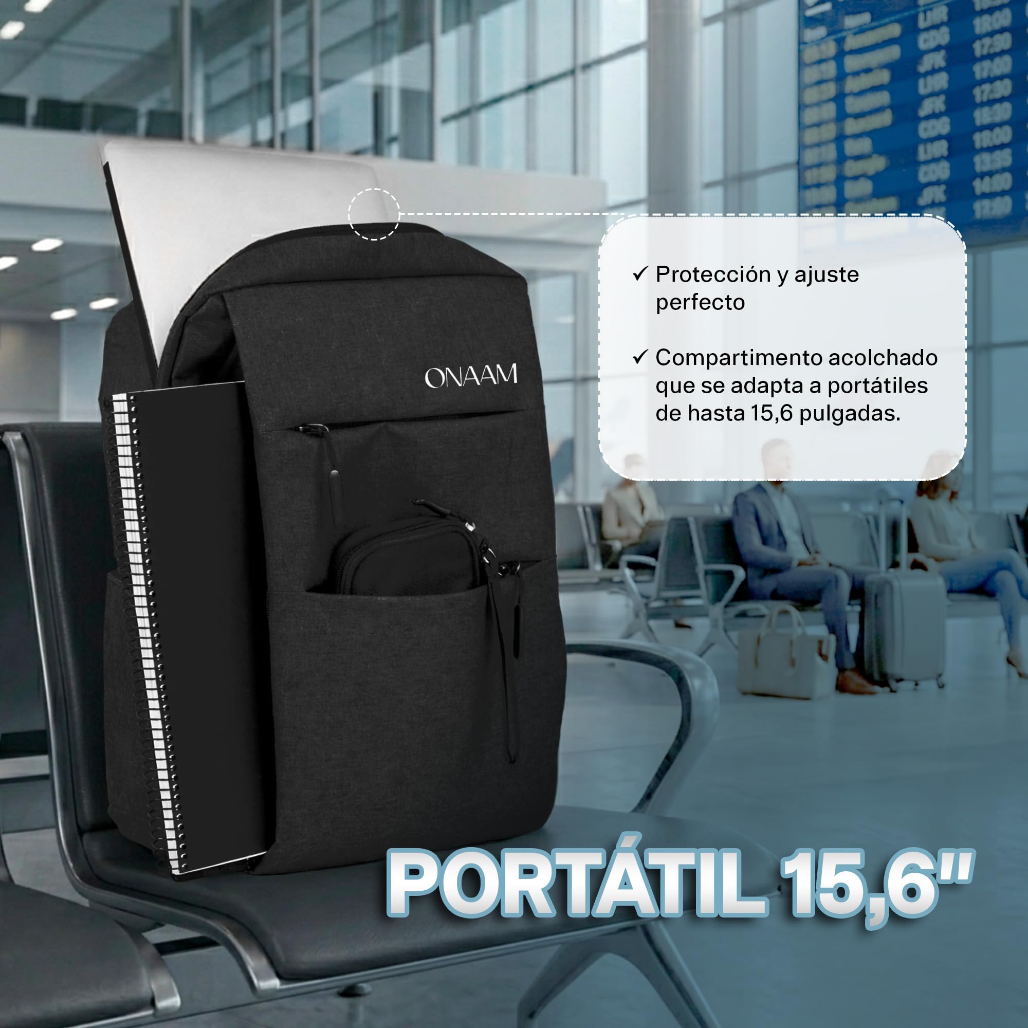 ONAAM Mochila Portatil 15,6" Ligera 0,5kg para Trabajo y Oficina Hombre Mujer, Mochila Ordenador Impermeable con Puerto USB y Estuche Portacables, Viaje Universidad Elegante Negro