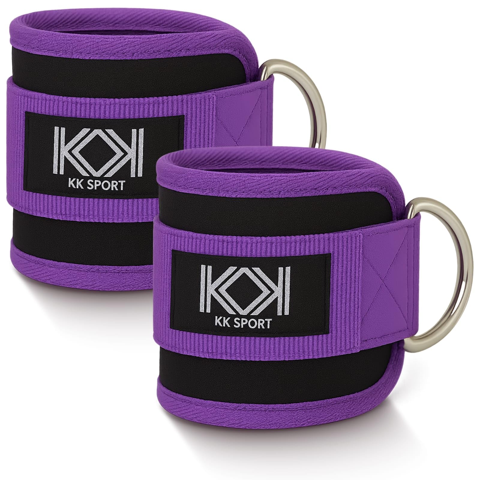 KK Premium Ankle Cuffs for Cable Machines & Gym - Comfort Padded Neoprene Ankle Straps with Metal D-Rings - Heavy Duty Leg Workout Accessories, (Purple)