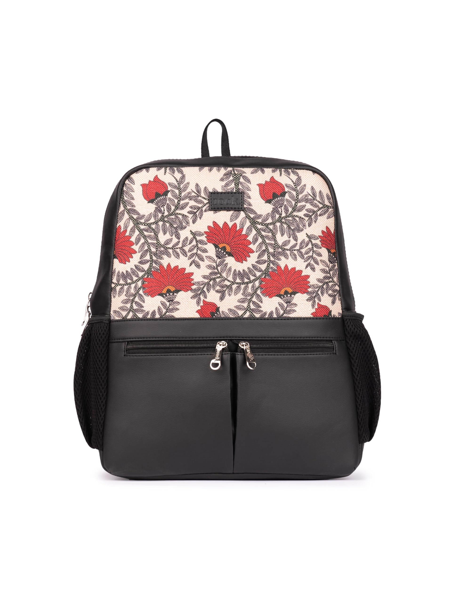 Nawabi Couture Floral Printed Jute Vegan Leather Beige and Red Unisex Checkpoint Friendly Laptop Office Backpack 15.6 inch