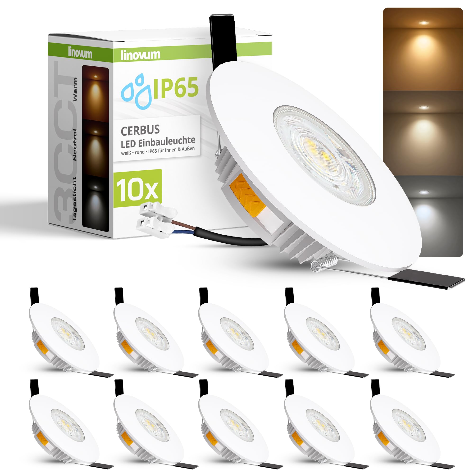 linovum CERBUS Einbauspot weiß IP65 flach 22mm 3 Lichtfarben Bad & Außen | Ultraflacher Einbauspot IP65 - nur 22mm tief, warm / neutral / kalt per Schalter, für Bad, Dusche & Küche, direkt an 230V