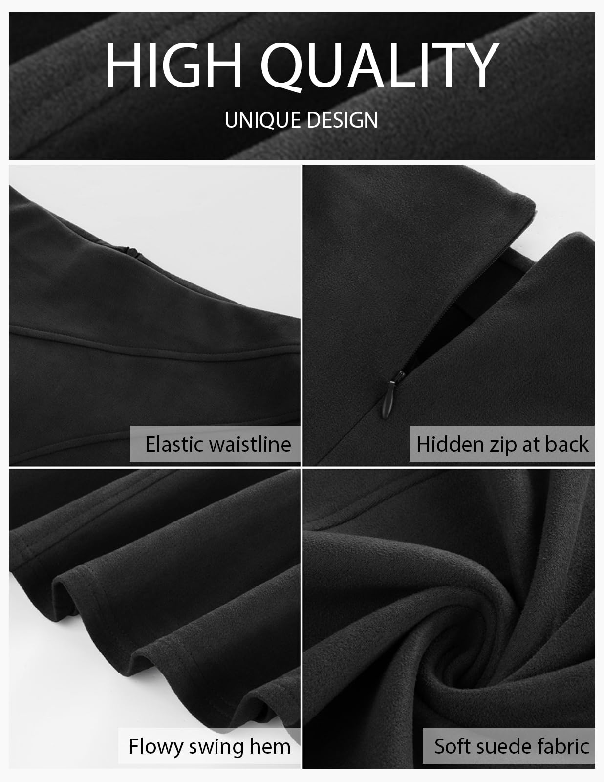 Kate Kasin 2025 Gonne in pelle scamosciata da donna, gonna a trapezio a vita alta, gonna midi autunno inverno | Elastico in vita, cerniera nascosta sul retro, comodo abbigliamento in finta pelle scamosciata