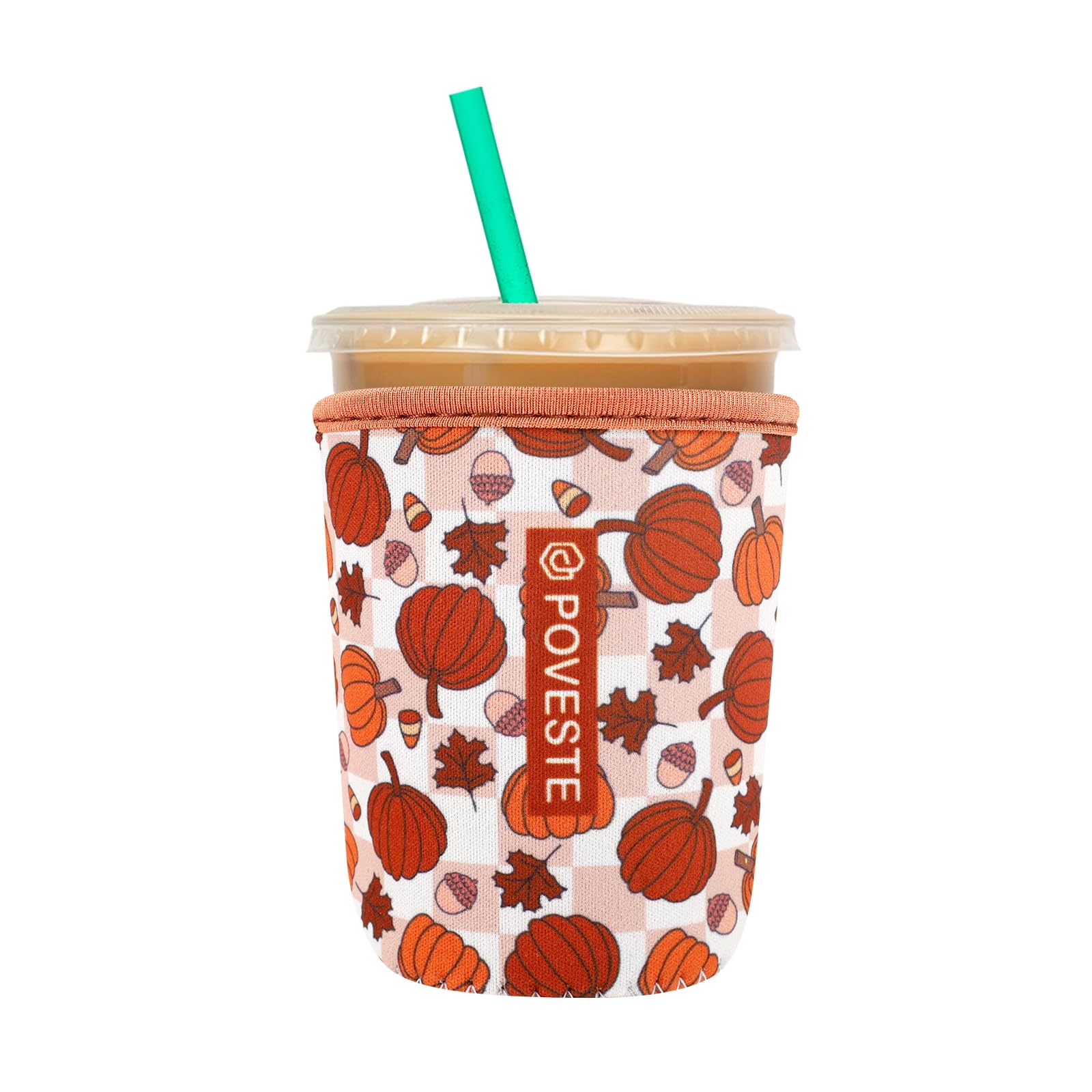 Reusable Neoprene Insulator Sleeve for Iced Coffee &amp; Cold Soda, Coffee Sleeves for Iced &amp; Hot Drinks, Cold Beverage Cooler Compatible with Starbucks, Dunkin (Checkerboard Pumpkin, Small: 16-18oz)