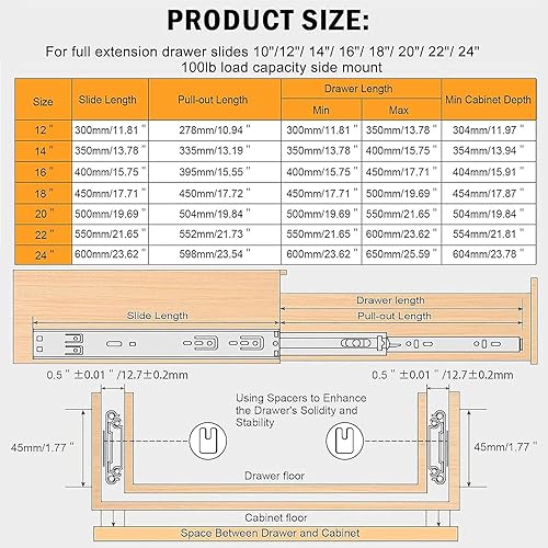 Miniatura 8 de Diapositivas de cajón de 16 pulgadas, 10 pares de correderas de cajón de cierre suave, deslizadores de cajón de extensión completa con rodamientos