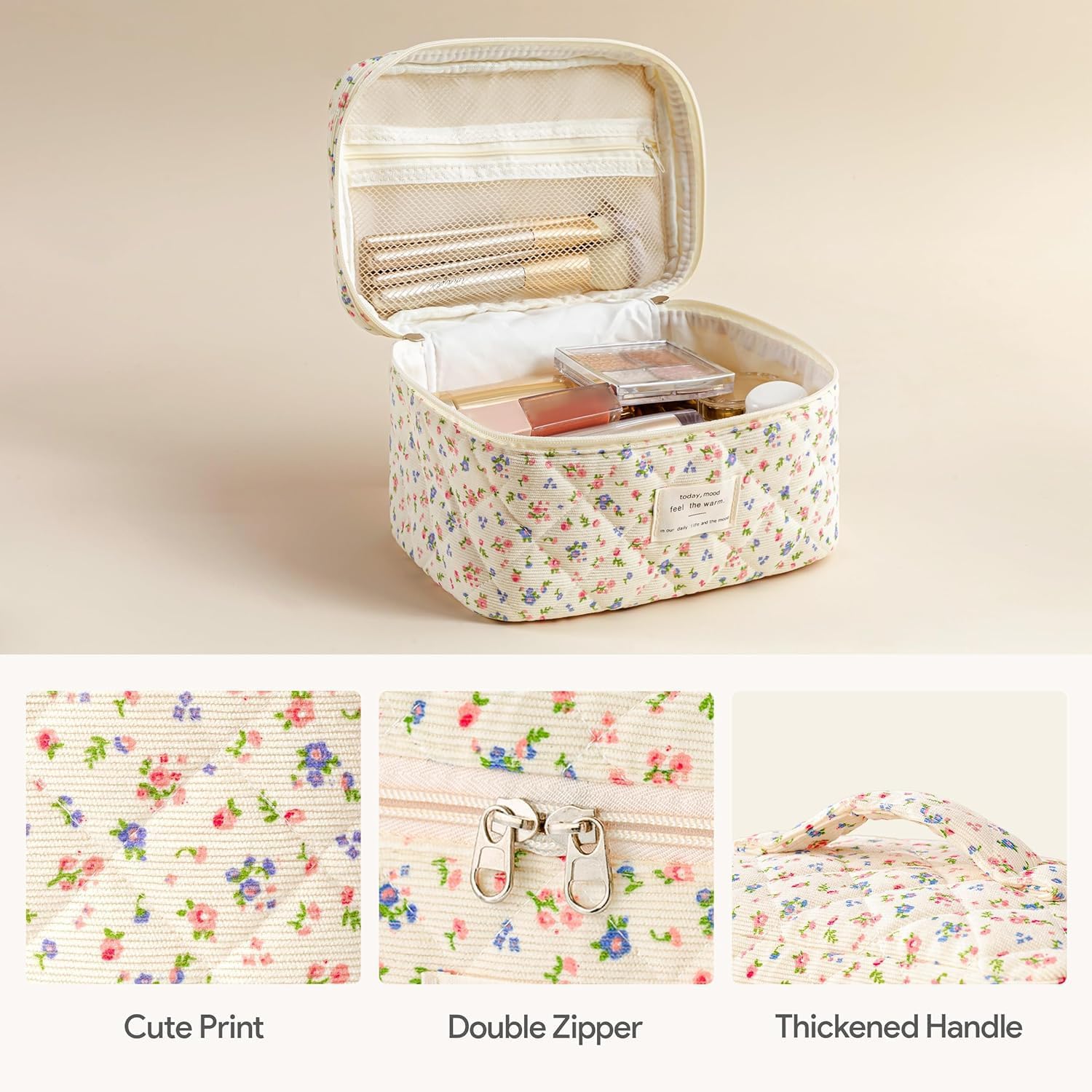 HBselect Quilted Makeup Bag, 3PCS Cotton Large Travel Makeup Bag, Cute Floral Coquette Make up Bag Cosmetic Bag Toiletry Bag for Women Girls - Image 3