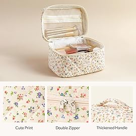 HBselect Quilted Makeup Bag, 3PCS Cotton Large Travel Makeup Bag, Cute Floral Coquette Make up Bag Cosmetic Bag Toiletry Bag for Women Girls