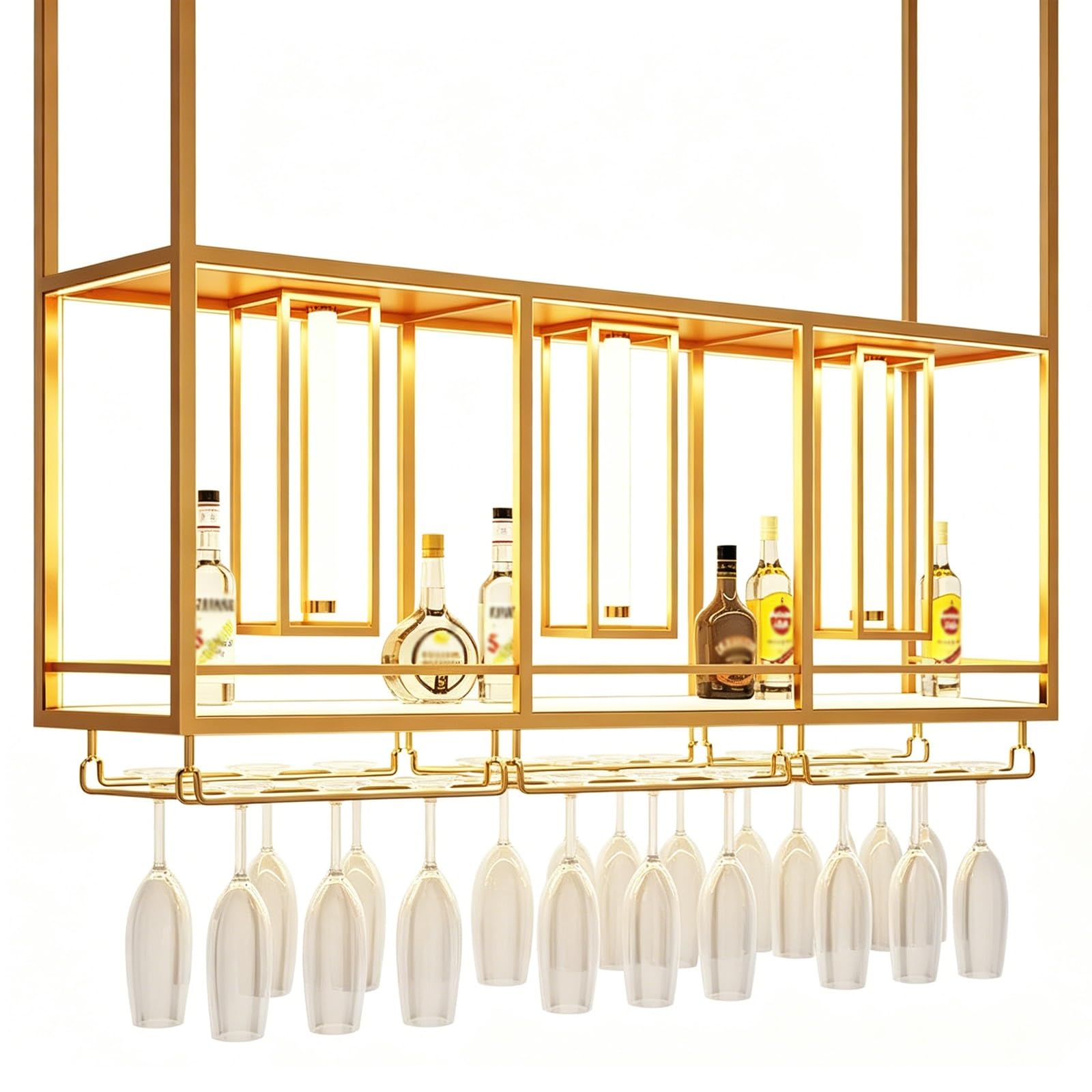 ASYJVWYZ Modern Gold Ceiling Mounted Bar Unit With Light, Hanging Wine Rack And Glass Holder, Suspended Liquor Storage For Home And Commercial Bars