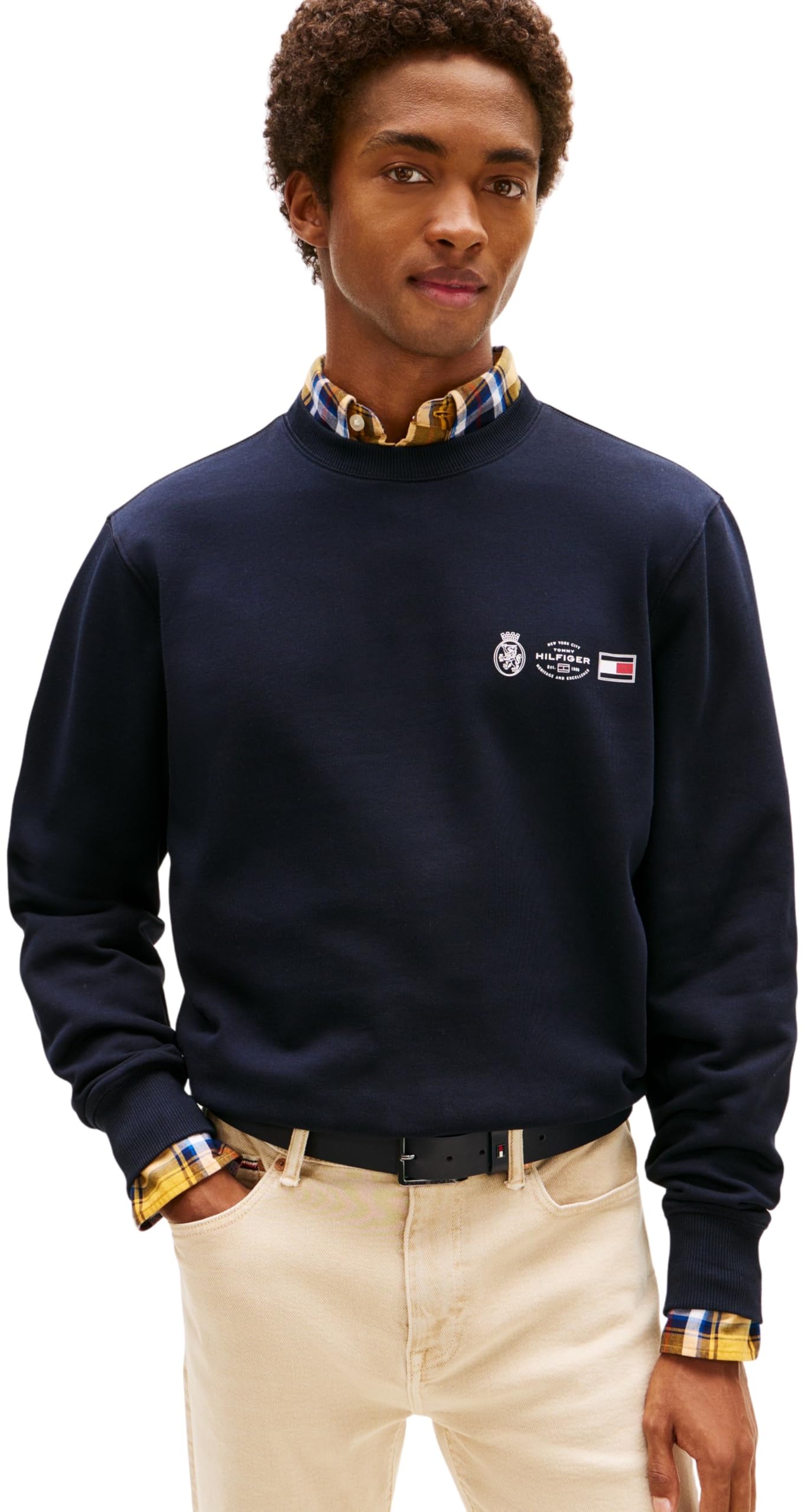 Tommy Hilfiger Men’s Round Neck Small Crest Outline Sweatshirt, Blue (Desert Sky), S