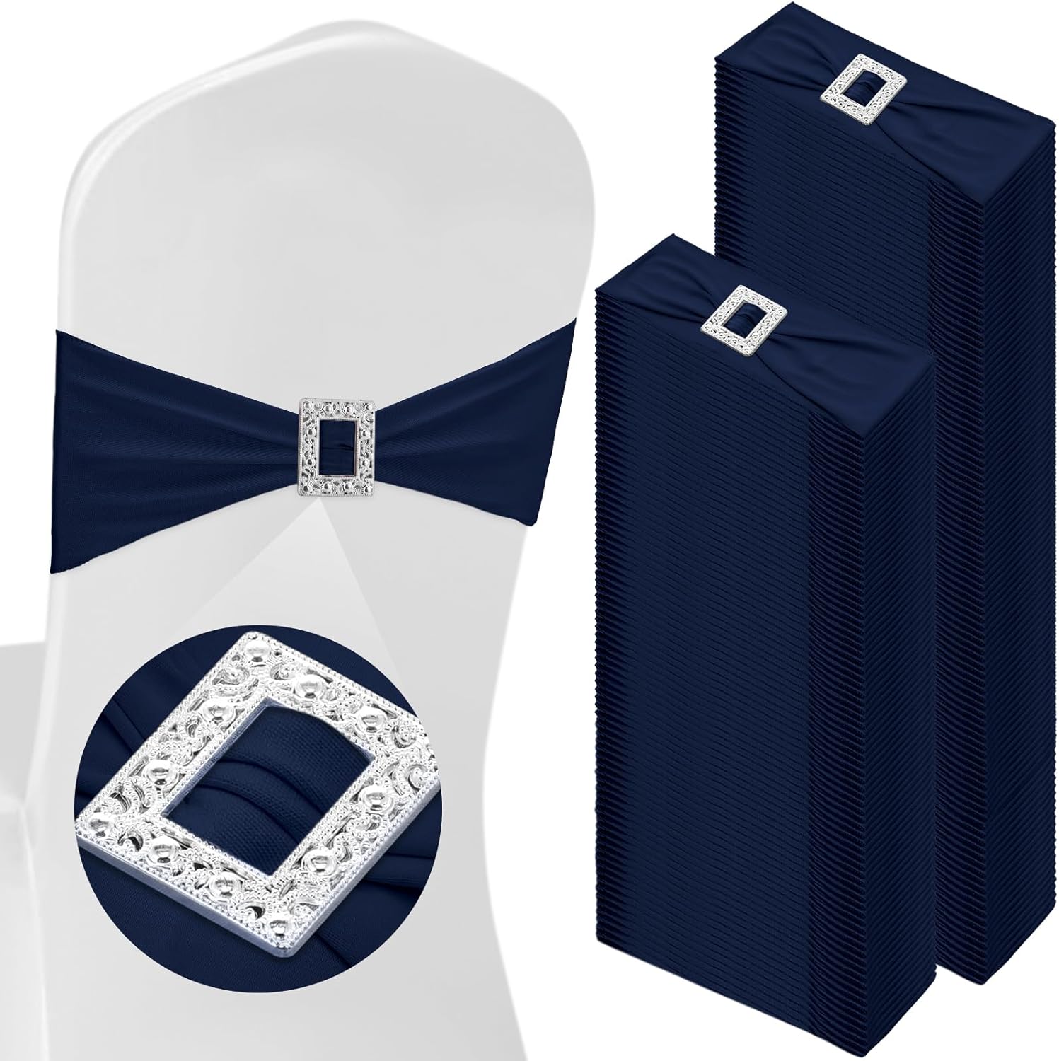 VitalCozy 150 Pcs Spandex Chair Sashes with Square Buckle Slider Stretch Chair Cover Band Universal Elastic Ties Straps Bows for Wedding Banquet Event Party Decoration(Navy Blue)
