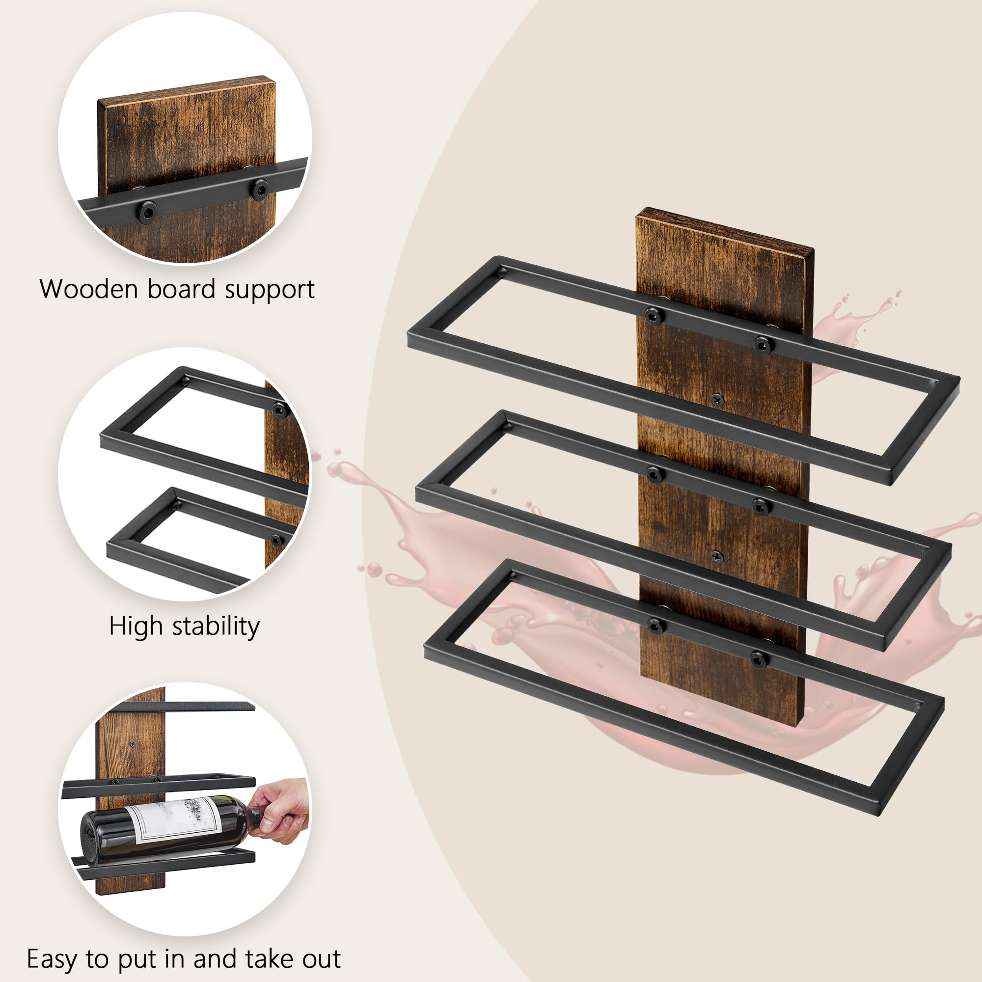 FAVOOSTY Botellero de Pared, Botellero Vertical, Estante para Botellas con 3 Niveles, 3 Botellas de Vino, Soporte para Botellas, Estante de Metal para Botellas de Vino, para Comedor, Bodega, Negro - 4