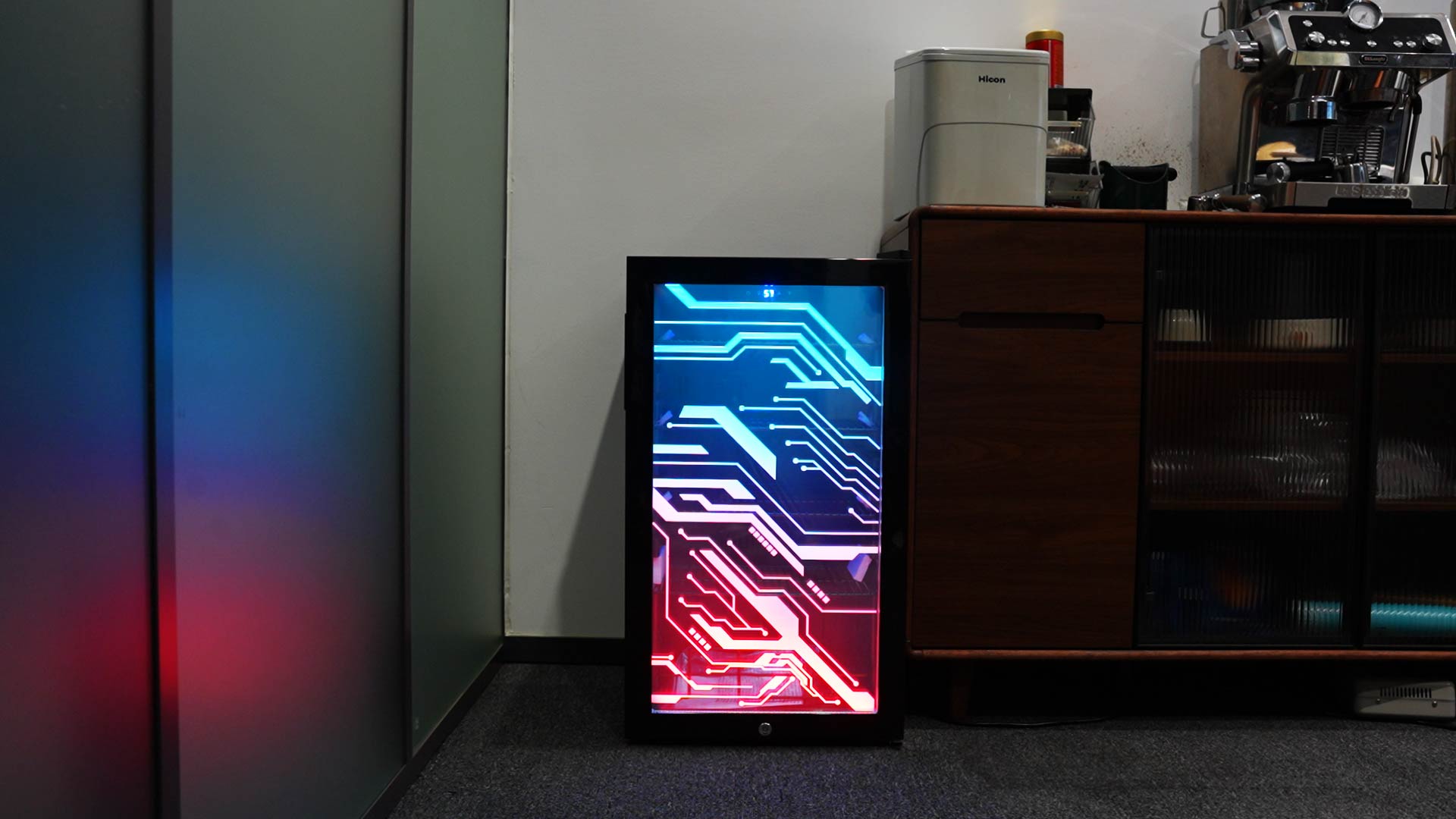 Image of 17 inch Beverage Refrigerator with LED Light Up Door - 128 Can Freestanding Drink Fridge, Small Beer Cooler with 4 Removable Shelves, Child Safety Lockfor Gaming Room Home Bar Party,Cyberpunk