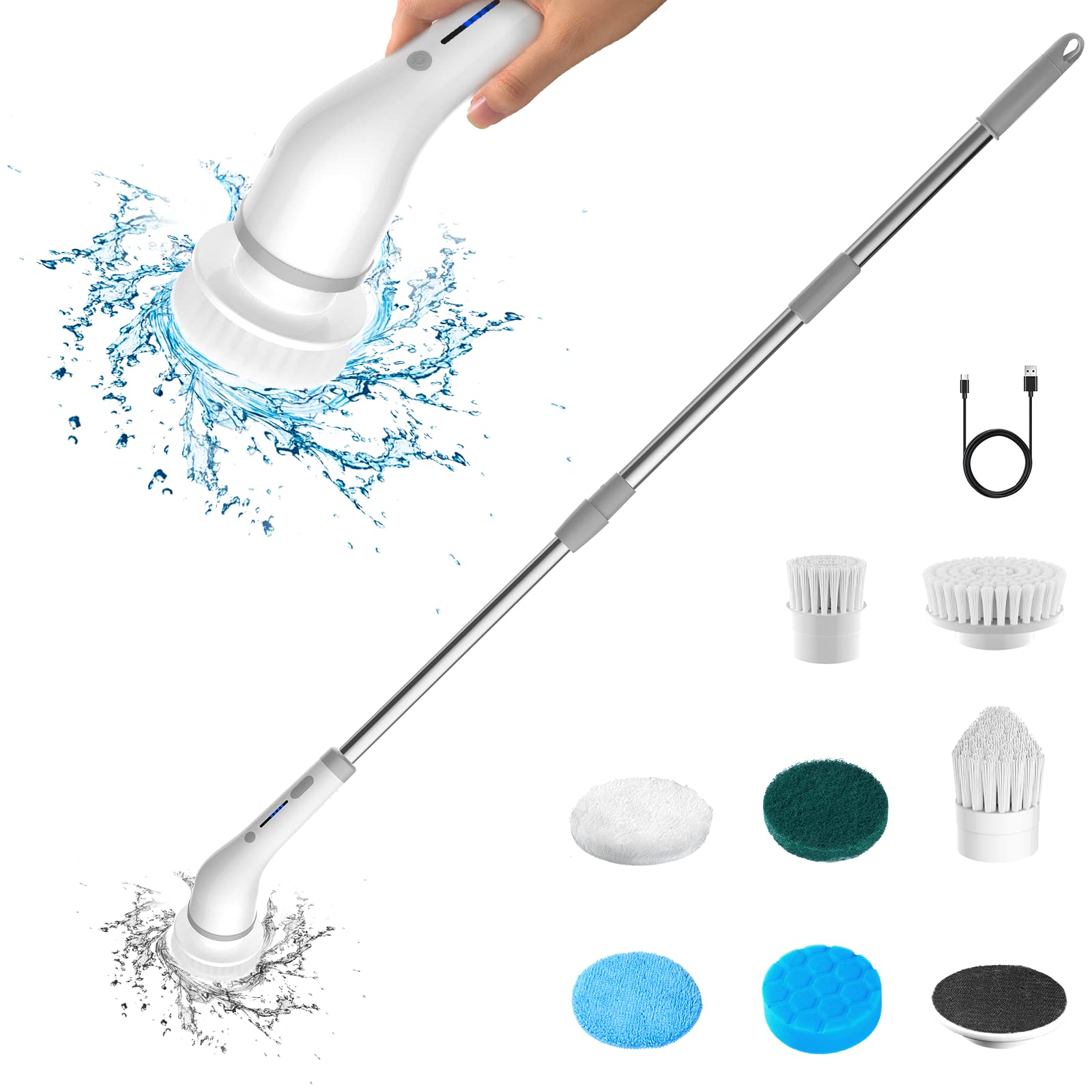 Electric Spin Scrubber,Cordless Scrubber Cleaning Brush with 7 Replaceable Brush Heads,2 Speeds Power Scrubber Brush for Bathroom,Tub,Floor,Car,Tile,Gray