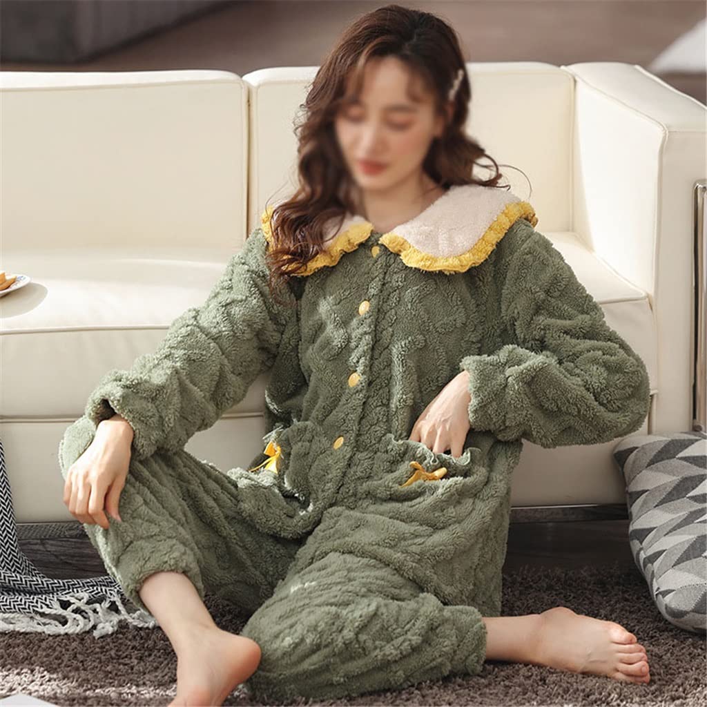 Tragen Sie warme und plüschige Herbst- und Winterpyjamas Damen-Hauskleidung Flanell-Pyjama-Set (Color : Green, Size : L Code)