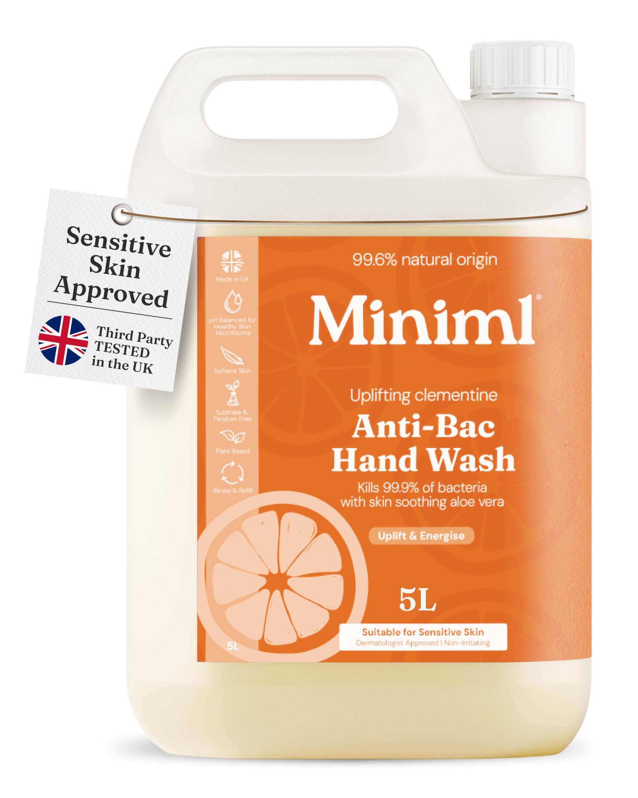Miniml Antibacterial Hand Wash Soap 5L Refill - Natural Clementine Scented Eco Friendly Hand and Body Washing Liquid Gel for Soft and Sensitive Skin Care - 100% Vegan & Cruelty Free