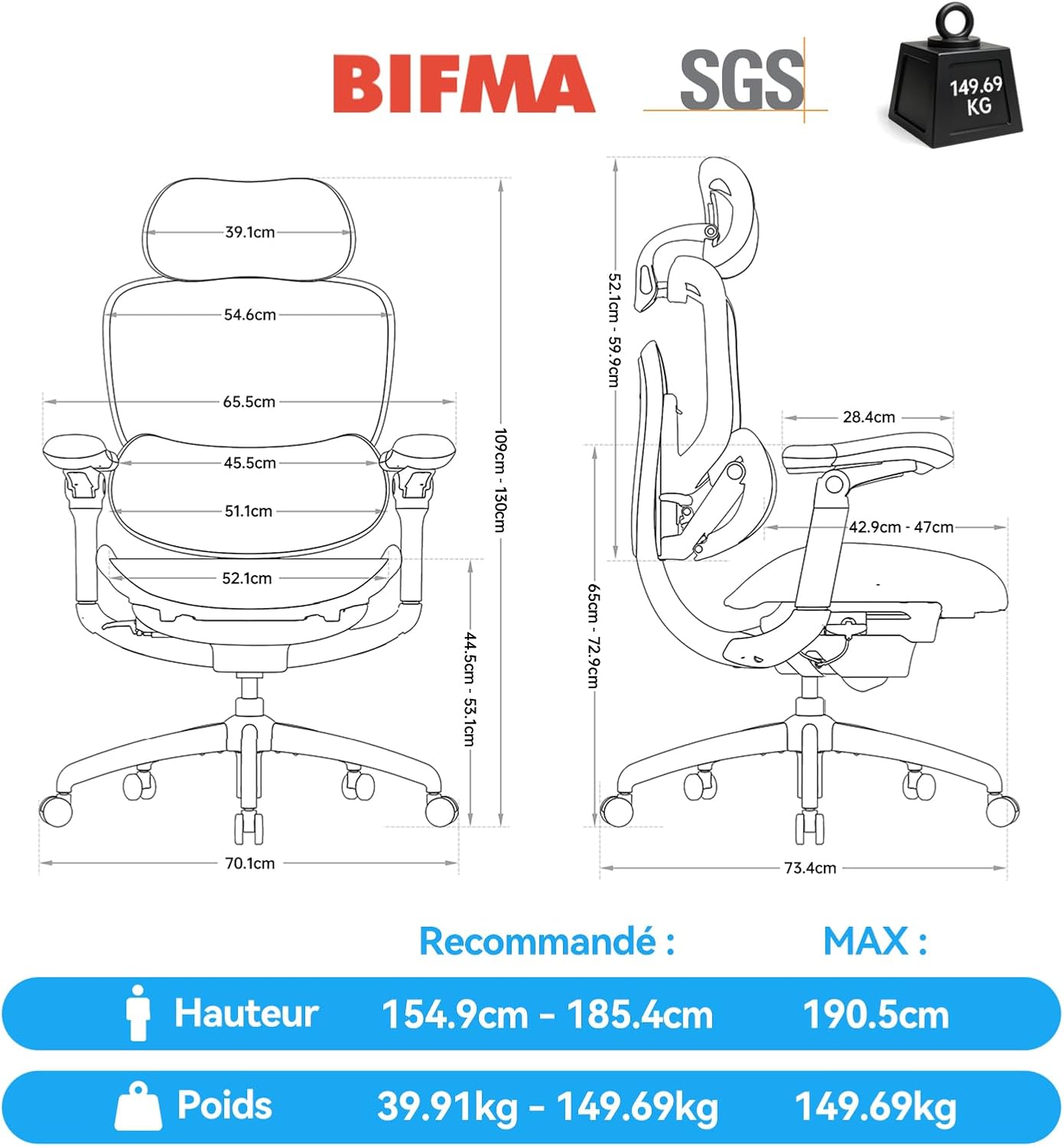Diagram showing the dimensions and recommended user height and weight for the SIHOO Doro C300 Pro V2 chair.