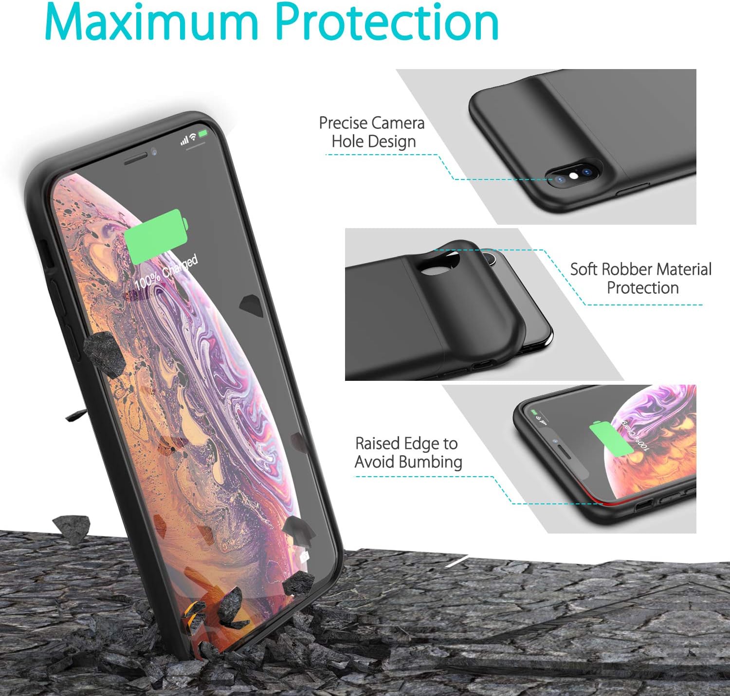 iPhone XS MAX Battery Case, 5000mAh Portable Protective Charging Case Extended Rechargeable Battery Pack for iPhone XS MAX (6.5 inch) Charger Case/Black