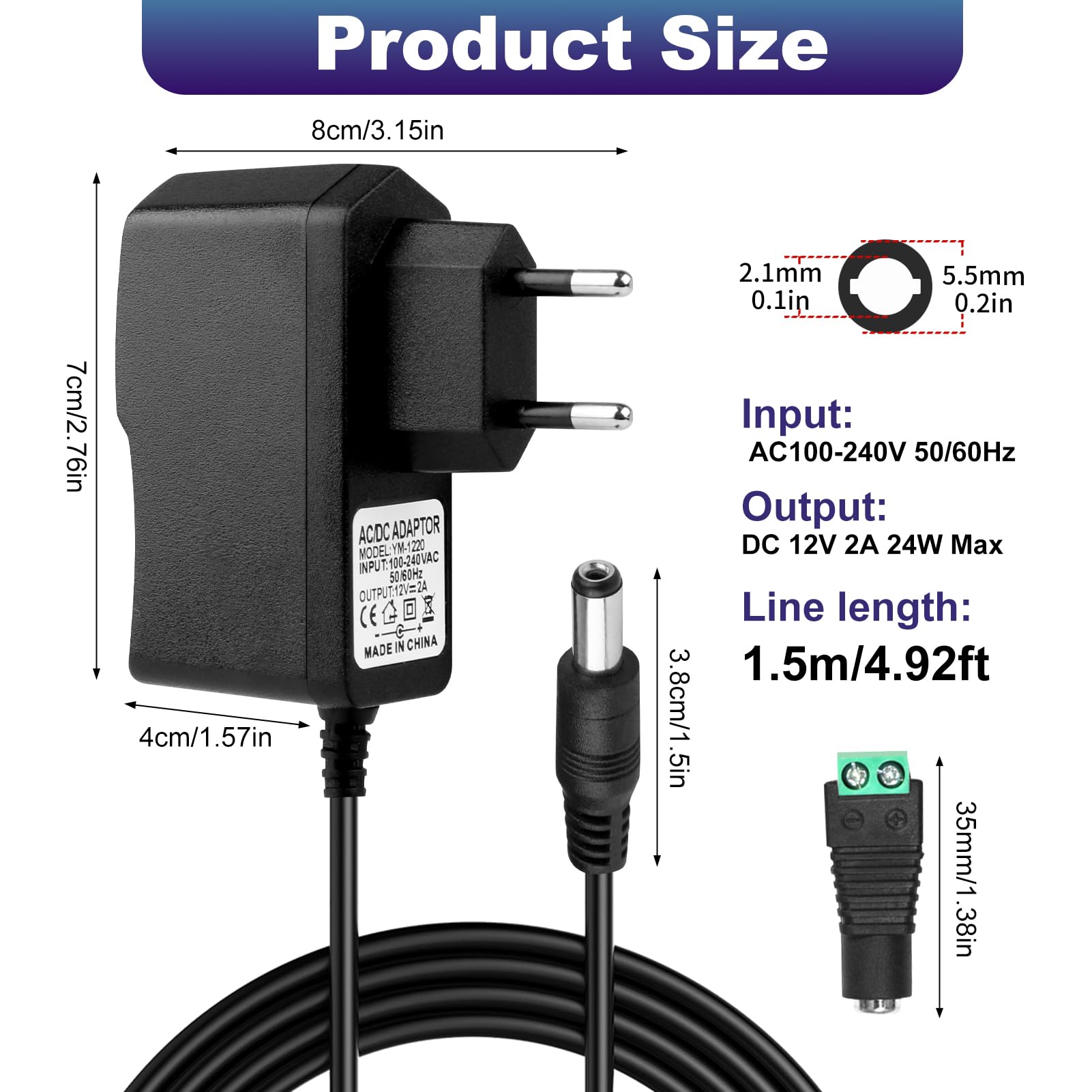 12V 2A LED Alimentador, Universal Transformador AC 100-240V 50/60Hz Fuente de Alimentación, Adaptador Enchufe EU Cargador 5,5 x 2,1 mm con Conector DC para Tiras LED, Cámaras CCTV, TV Box, Routers