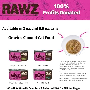 Rawz Natural Premium Minced Canned Cat Food in Gravy from Bone Broth -12 Pack Cans Variety - 4 Flavors with (3 Oz Cans), Lid