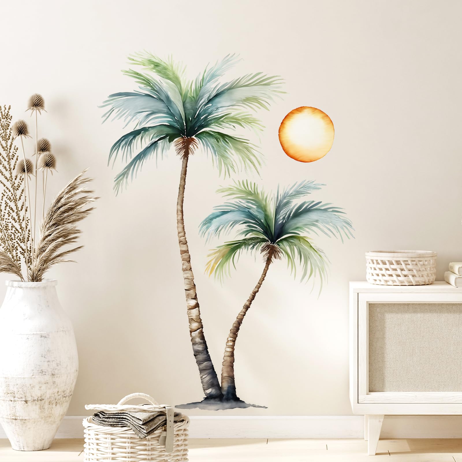 Tanlaby Large Palm Tree Wall Stickers Tropical Plants Sunset Wall Decals Watercolor Coconut Tree Summer Art Decor for Living Room Bedroom Hallway Office - Image 3