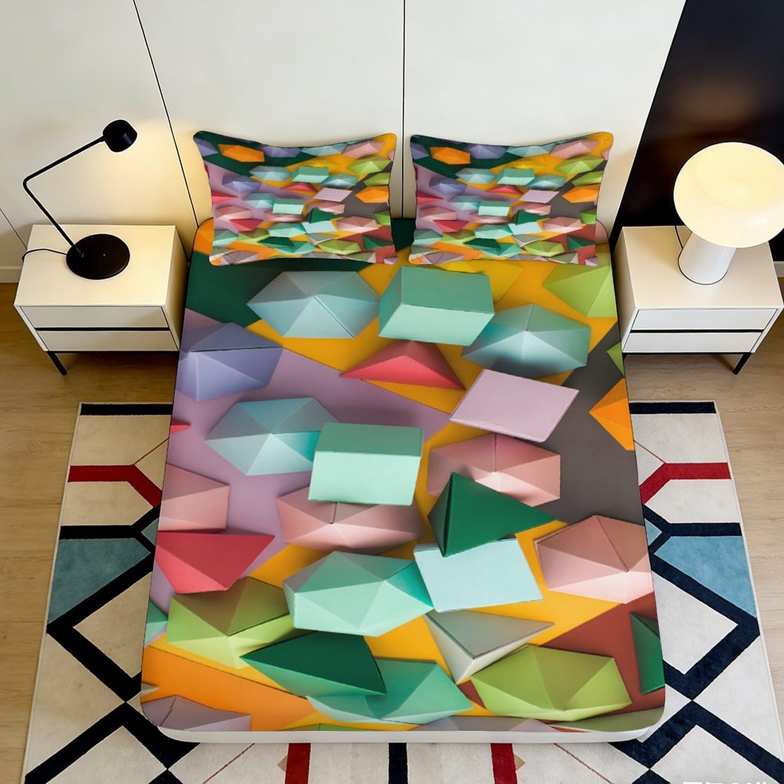 3D Printed Geometric Abstract Fitted Sheet Microfiber Vibrant Colors Polygon Bed Cover for Bedroom Guest Room Decor 90x200x25cm