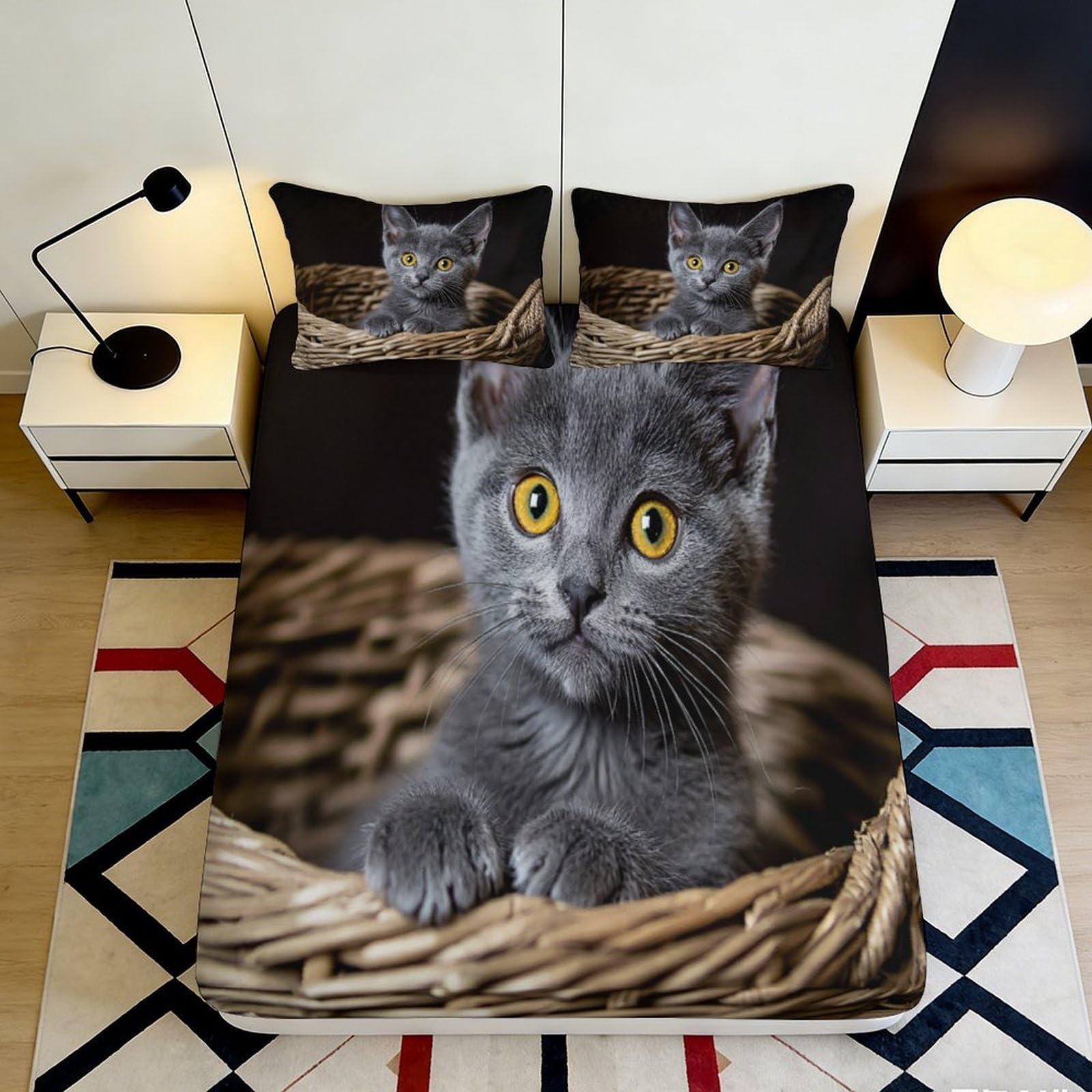 3D Printed Cat Fitted Sheet Microfiber Non-Slip Deep Pocket Cat Mattress Fitted Cover for Adults Teens Bedroom 90x200x25cm