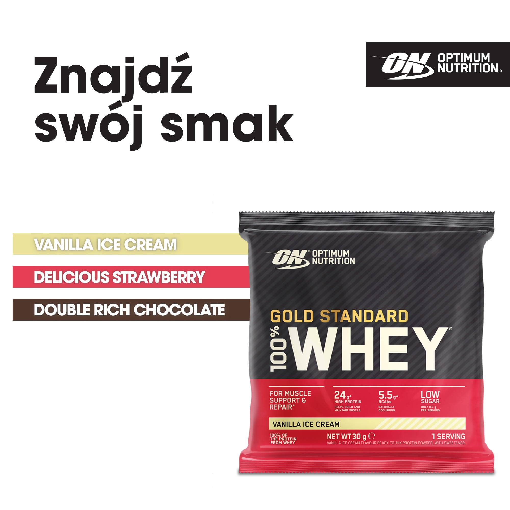 Optimum Nutrition Gold Standard Whey, Białko Serwatkowe z Naturalną Glutaminą i Aminokwasami, Lody Waniliowe, 24 Saszetki, 24 x 30 g