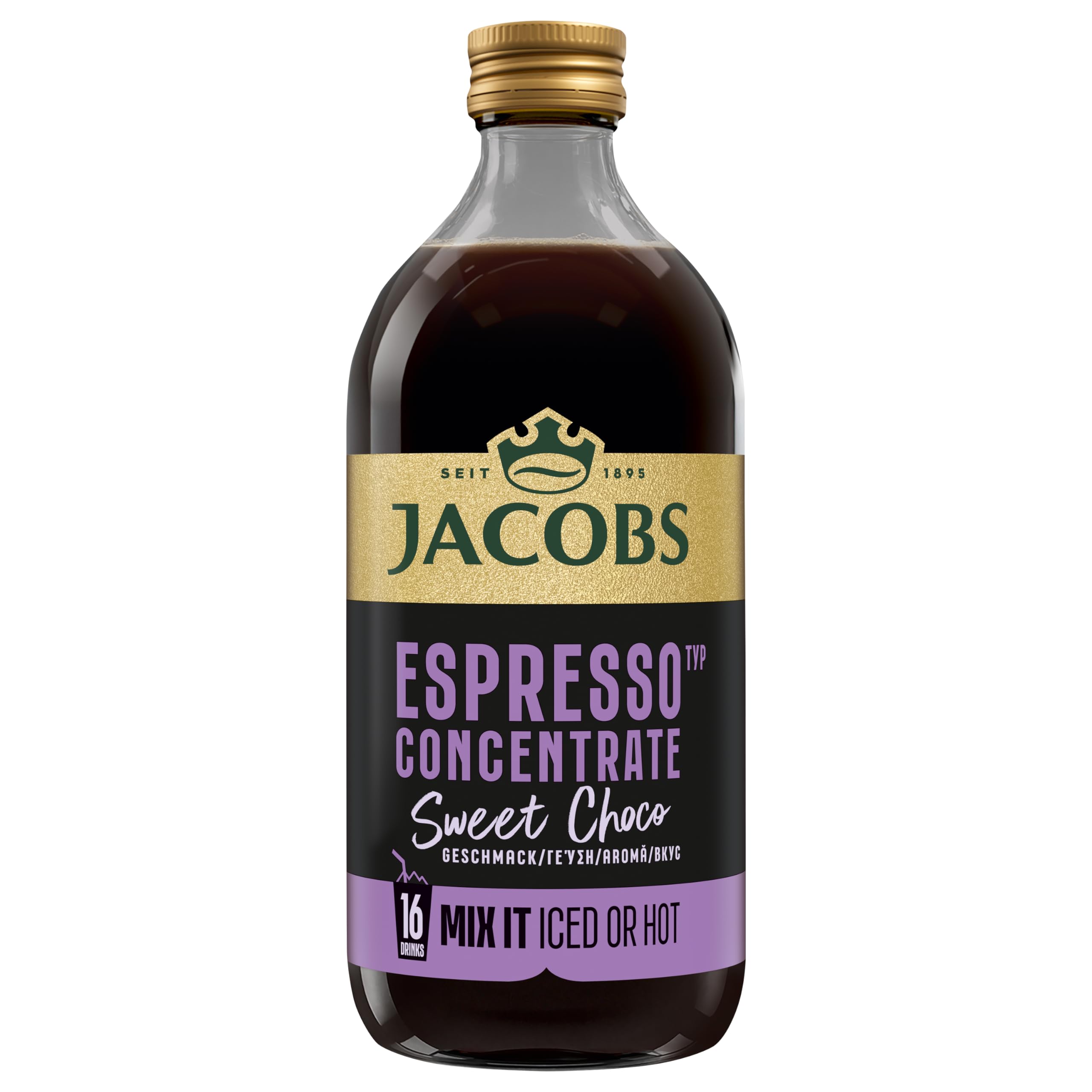 Jacobs Espresso Choco Concentrate, Aromatisiertes Getränkekonzentrat aus Löslichem Bohnenkaffee, Schoko Geschmack, Hergestellt in Österreich, Glasflasche, 16 Portionen, 485 ml