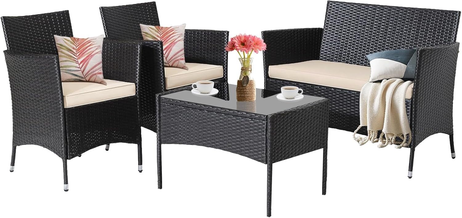 4-Piece Wicker Outdoor Patio Furniture Set Patio Chairs Seating Couch with Coffee Table All Weather Conversation Set for Backyard Porch Balcony