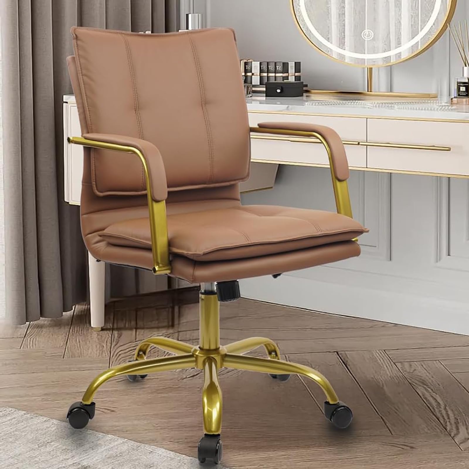 Leather Office Desk Chair, Ergonomic Comfy Home Office Computer Task Chairs with Golden Legs and Arms, Comfy Upholstered Task Chair with Wheels, Brown