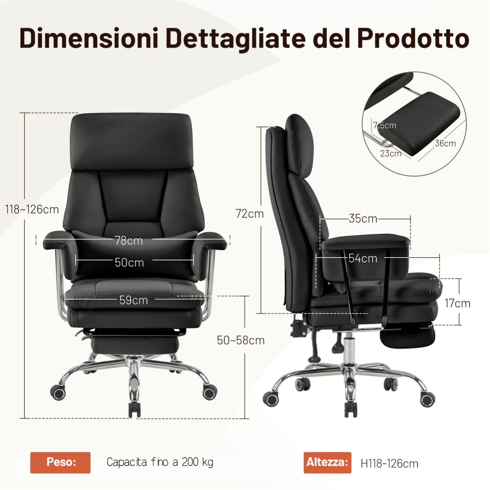 Sedia da Ufficio Direzionale con Poggiapiedi, Poltrona Ufficio Ergonomica Reclinabile in Pelle PU, Sedia da Computer con Cuscino Ispessito e Supporto Lombare 200kg, Nero