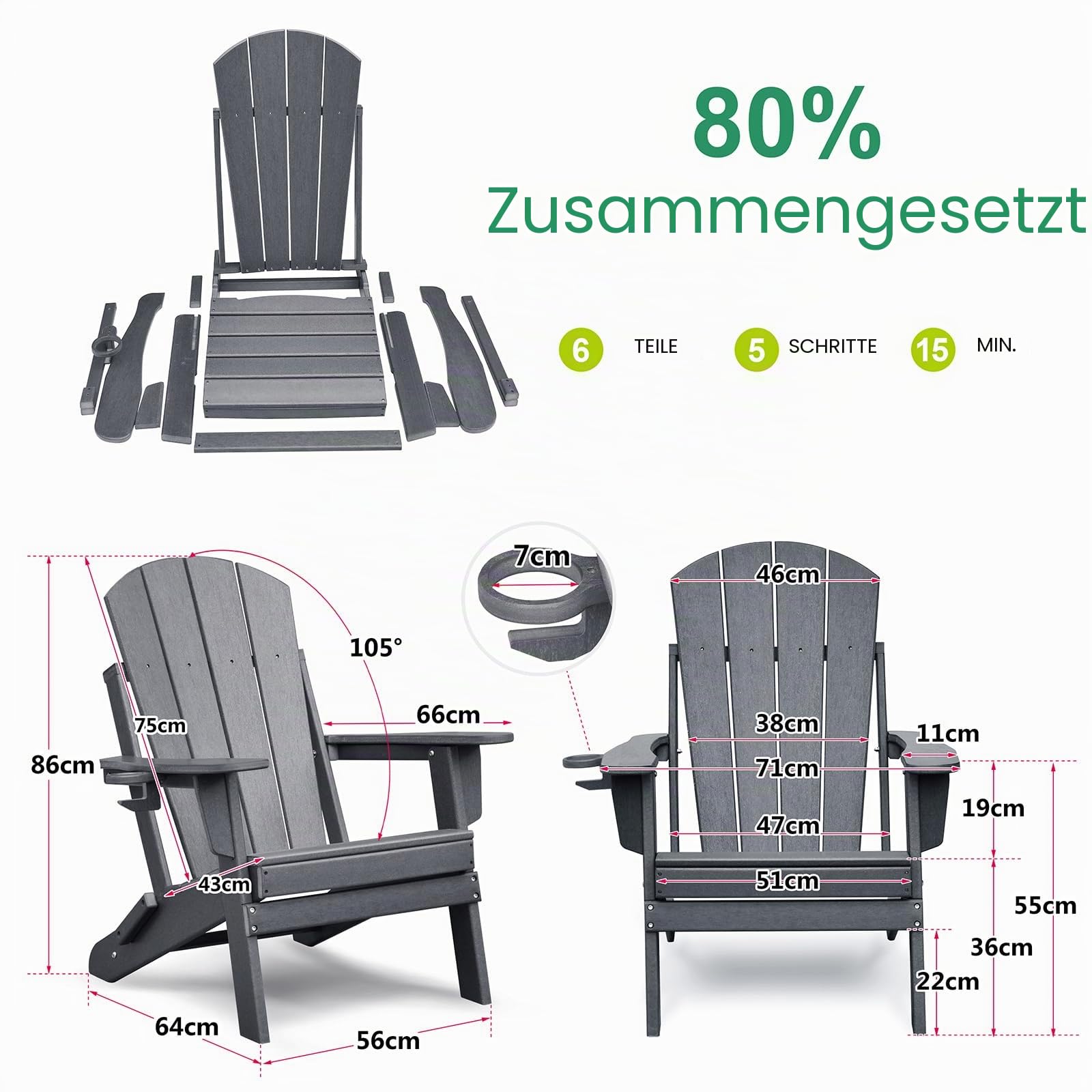 ART TO REAL ATR Adirondack Stuhl mit Getränkehalter,Klappbar Adirondack Chair Kunststoff,Wetterfester Gartenstuhl, Gartensessel aus Outdoor-Stuhl für Garten,Terrasse