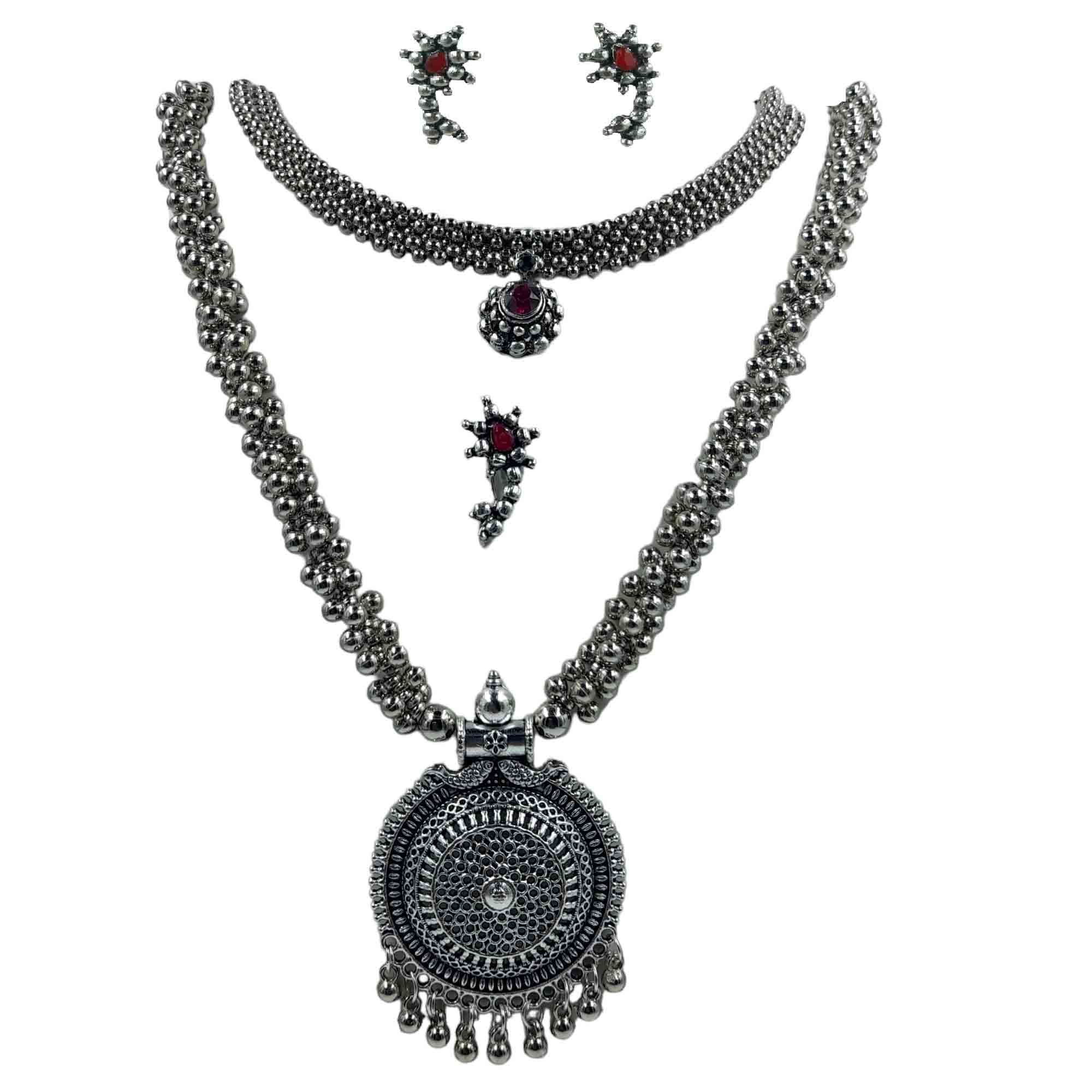 Swaroop Designer Silver Oxidised Long Jewellery Set And Short Set With Nosepin Earring Set for Women and Girl (B0BFB6NC1P) Amazon Price History, Amazon Price Tracker