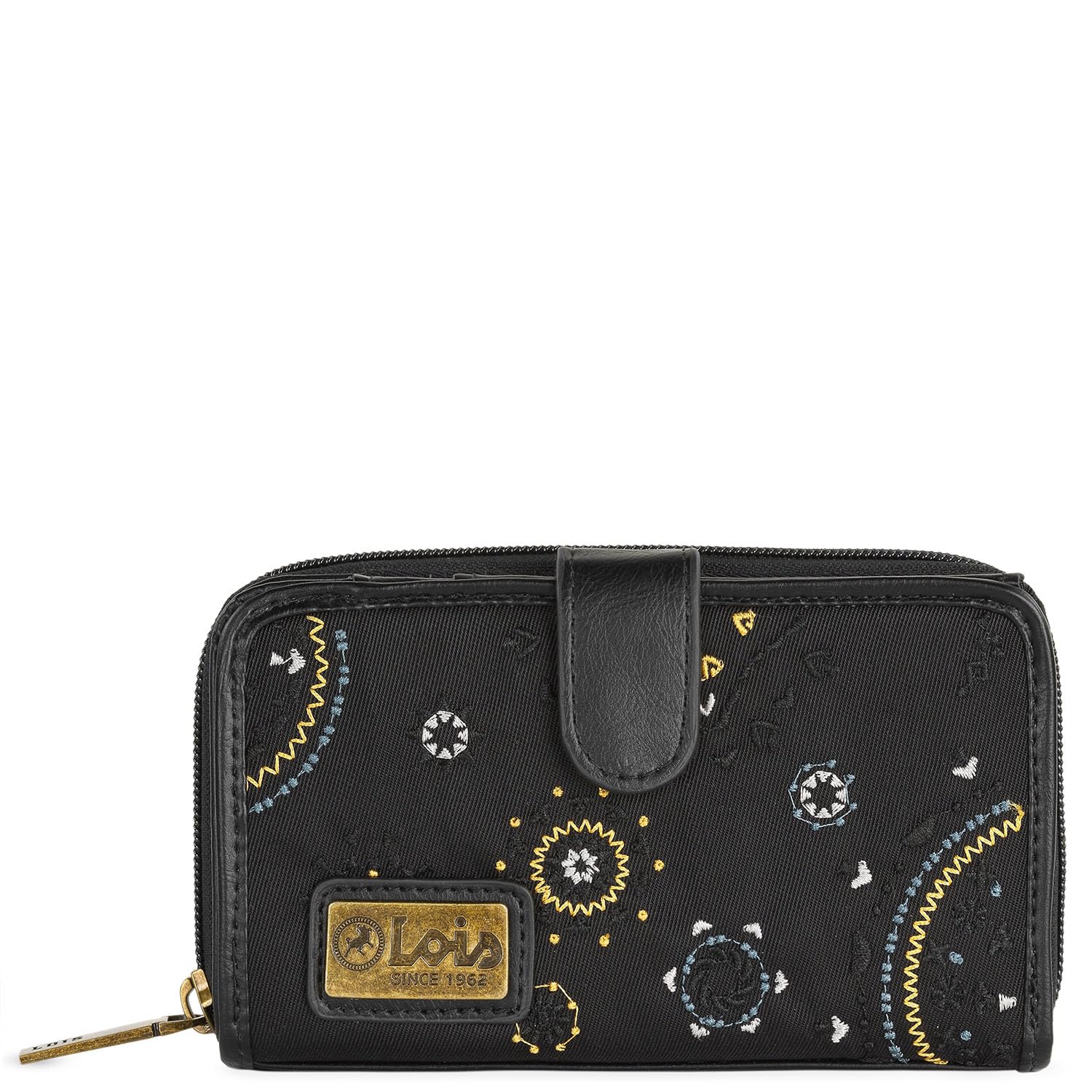 Lois - Cartera de Mujer Grande con Cierre Central de Cremallera, Monedero Tarjetero, Piel Eco, Cuero PU y Lona Bordada, Negro, 16 x 9 x 2 cm
